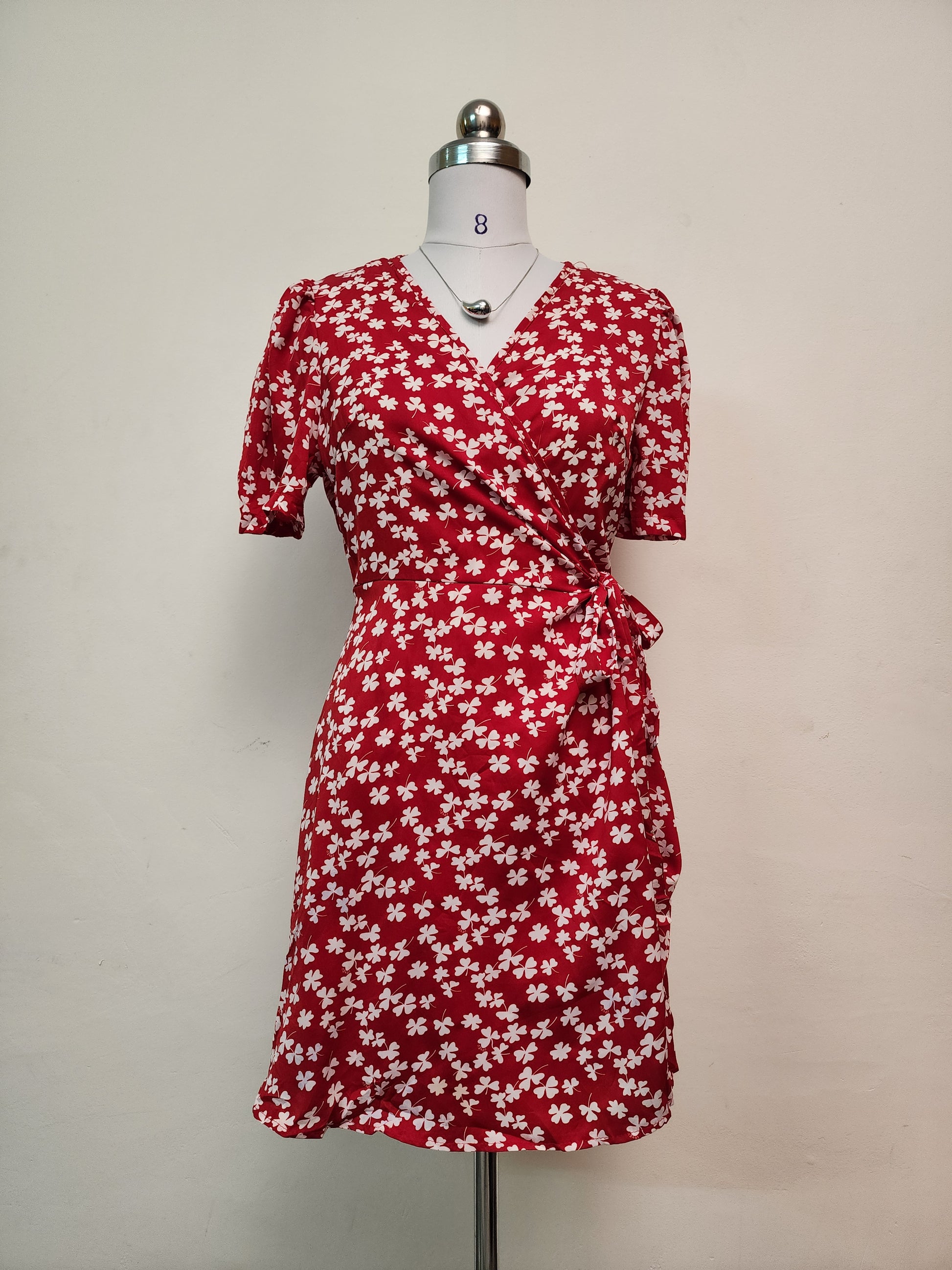 Red Floral Wrap Mini Dress - Short Sleeve V-Neck