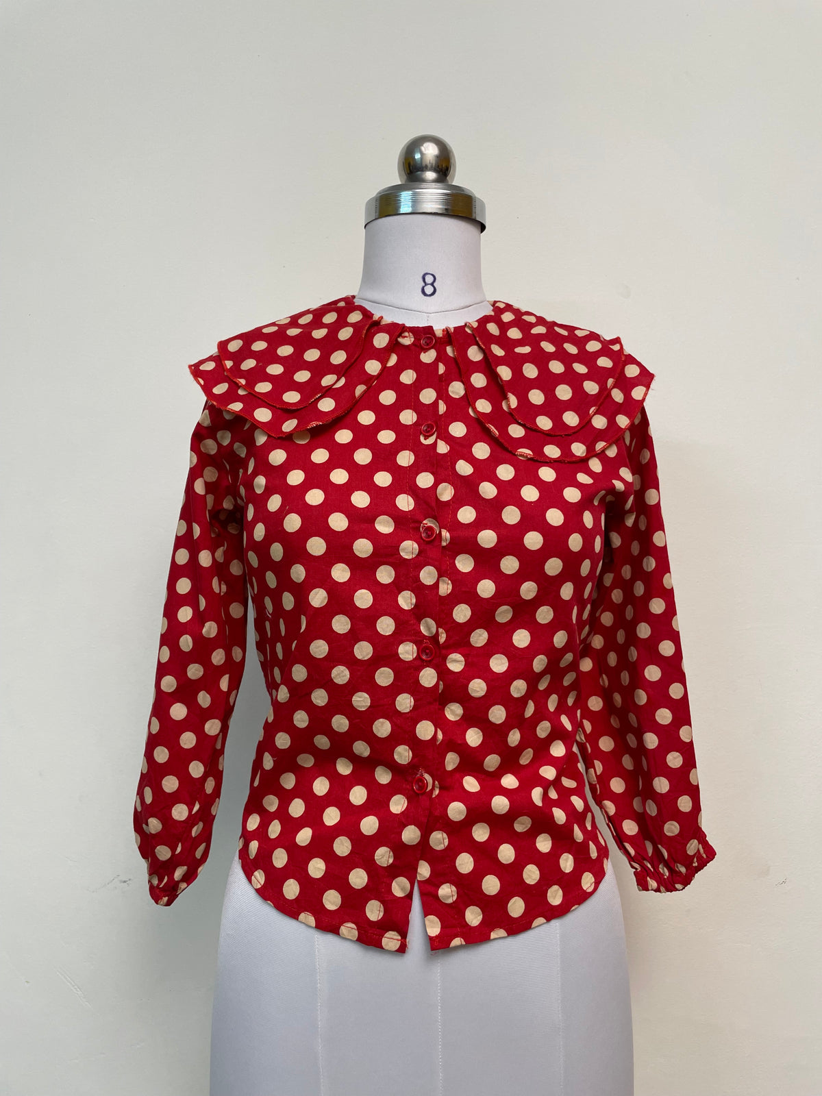 Red Polka Dot Blouse - Long Sleeve Button-Up Top with Ruffled Collar