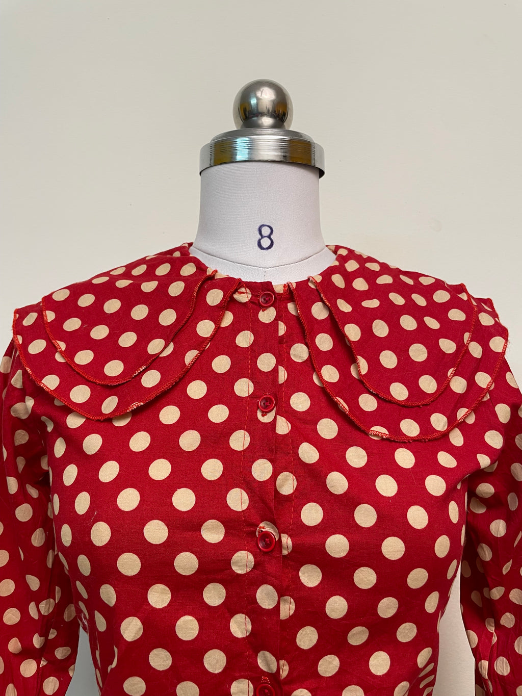 Red Polka Dot Blouse - Long Sleeve Button-Up Top with Ruffled Collar