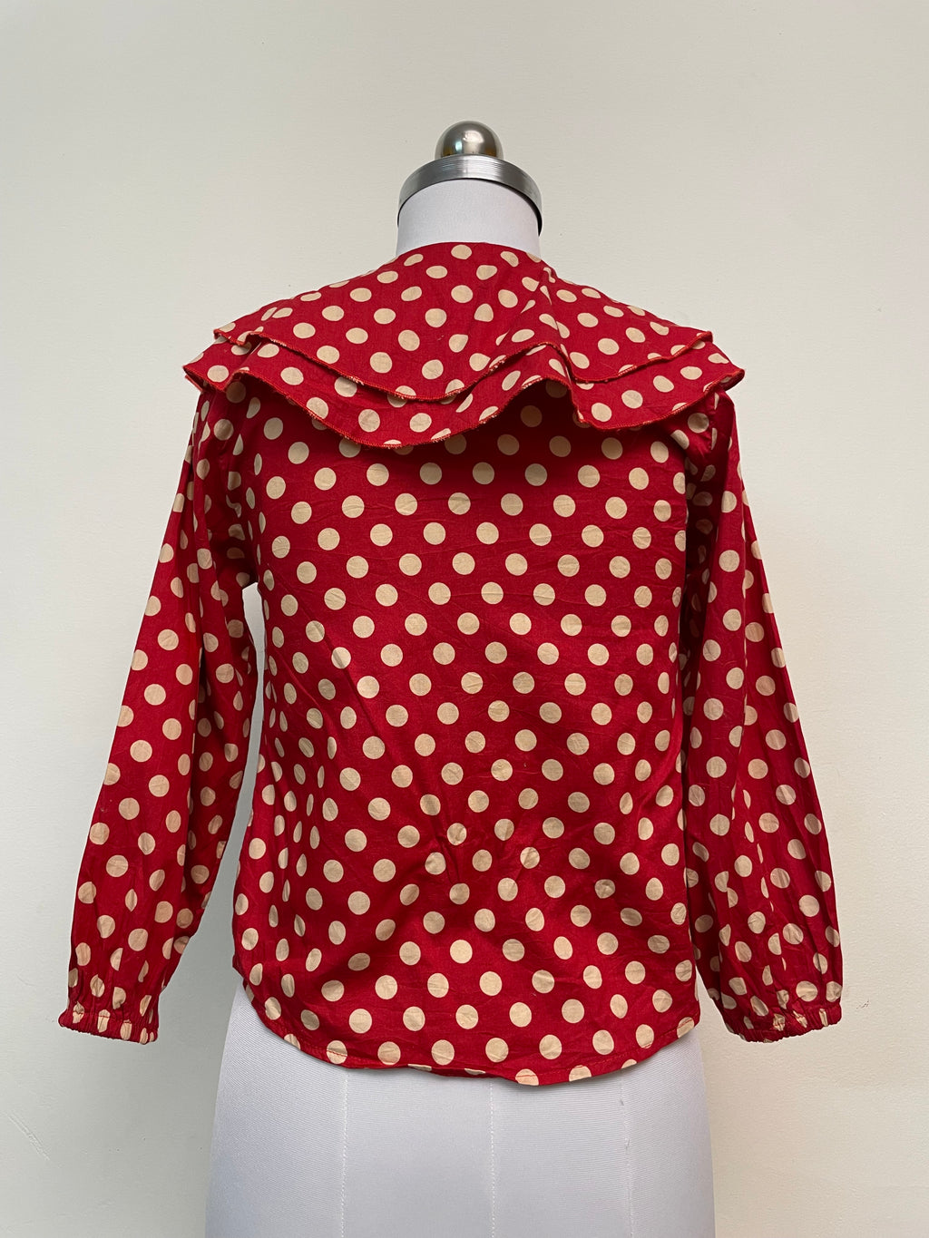 Red Polka Dot Blouse - Long Sleeve Button-Up Top with Ruffled Collar