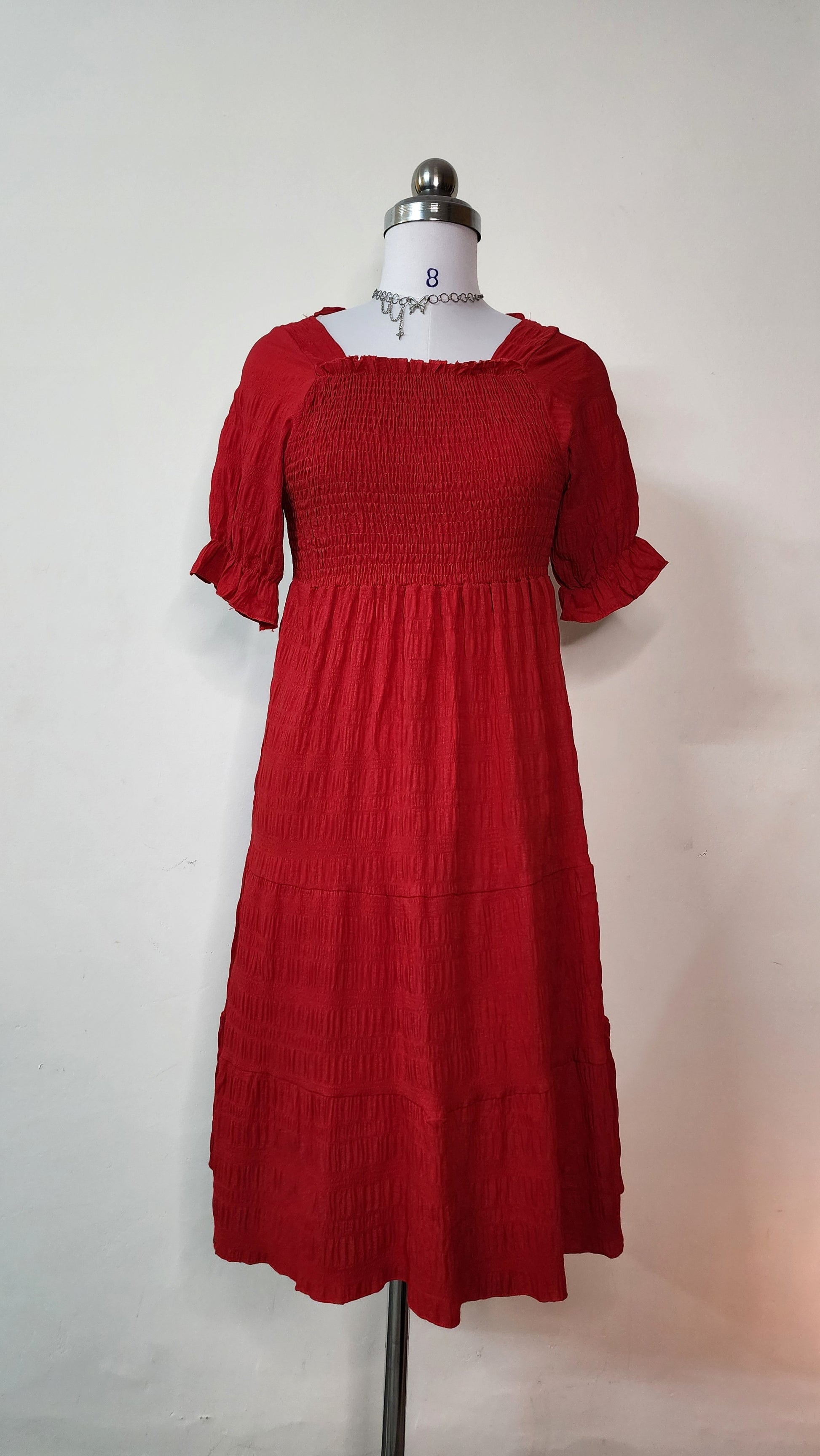 Red Smocked Square Neck Midi Dress - Short Puff Sleeve Tiered Dress