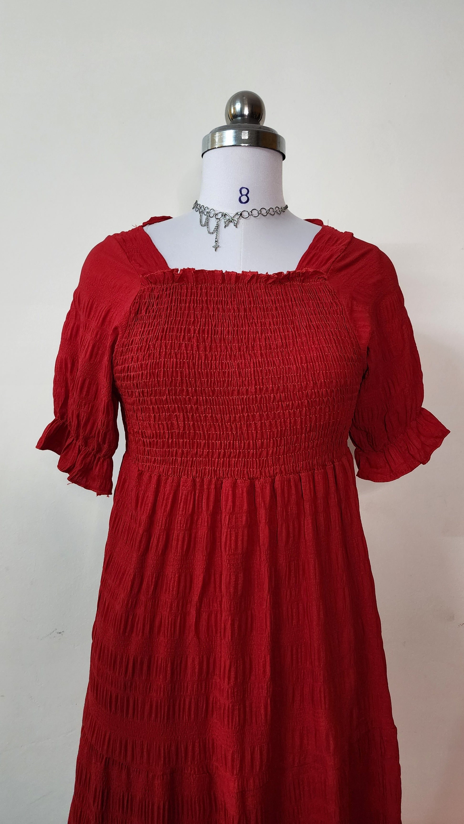 Red Smocked Square Neck Midi Dress - Short Puff Sleeve Tiered Dress