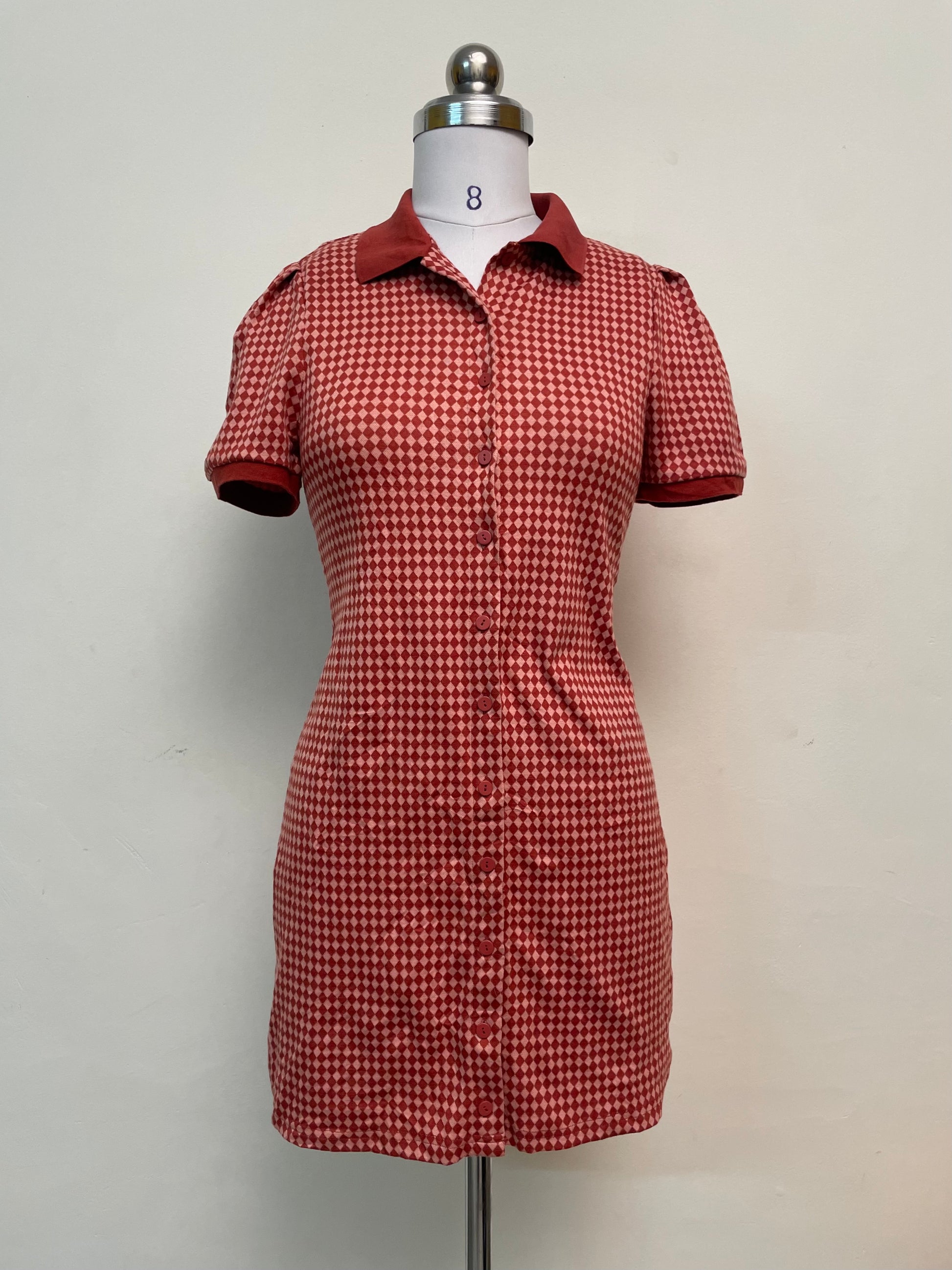 Red & Pink Checkered Mini Dress - Button-Front Short Sleeve Collared Dress