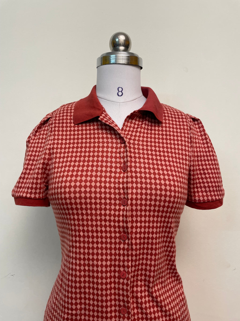 Red & Pink Checkered Mini Dress - Button-Front Short Sleeve Collared Dress