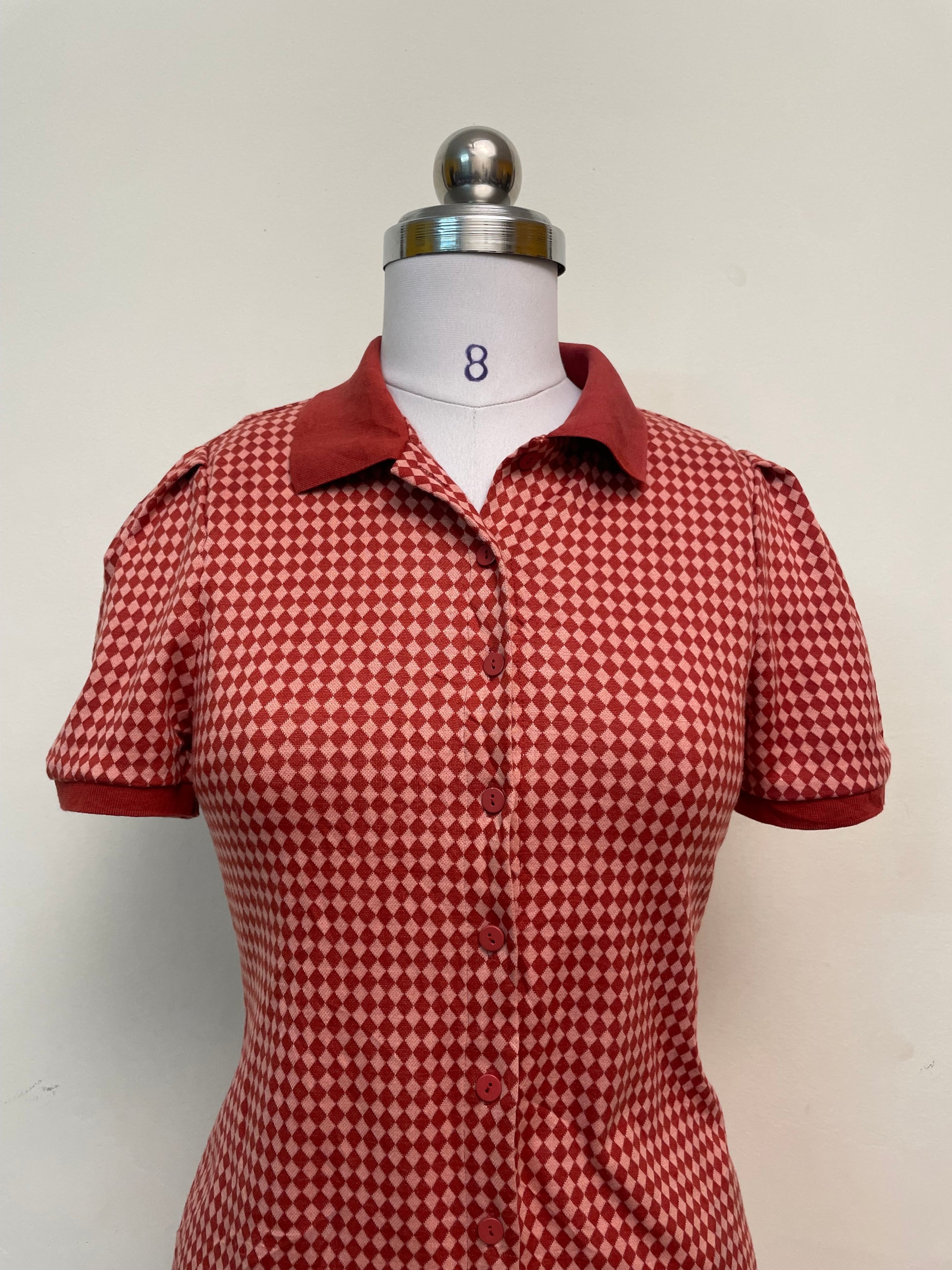 Red & Pink Checkered Mini Dress - Button-Front Short Sleeve Collared Dress