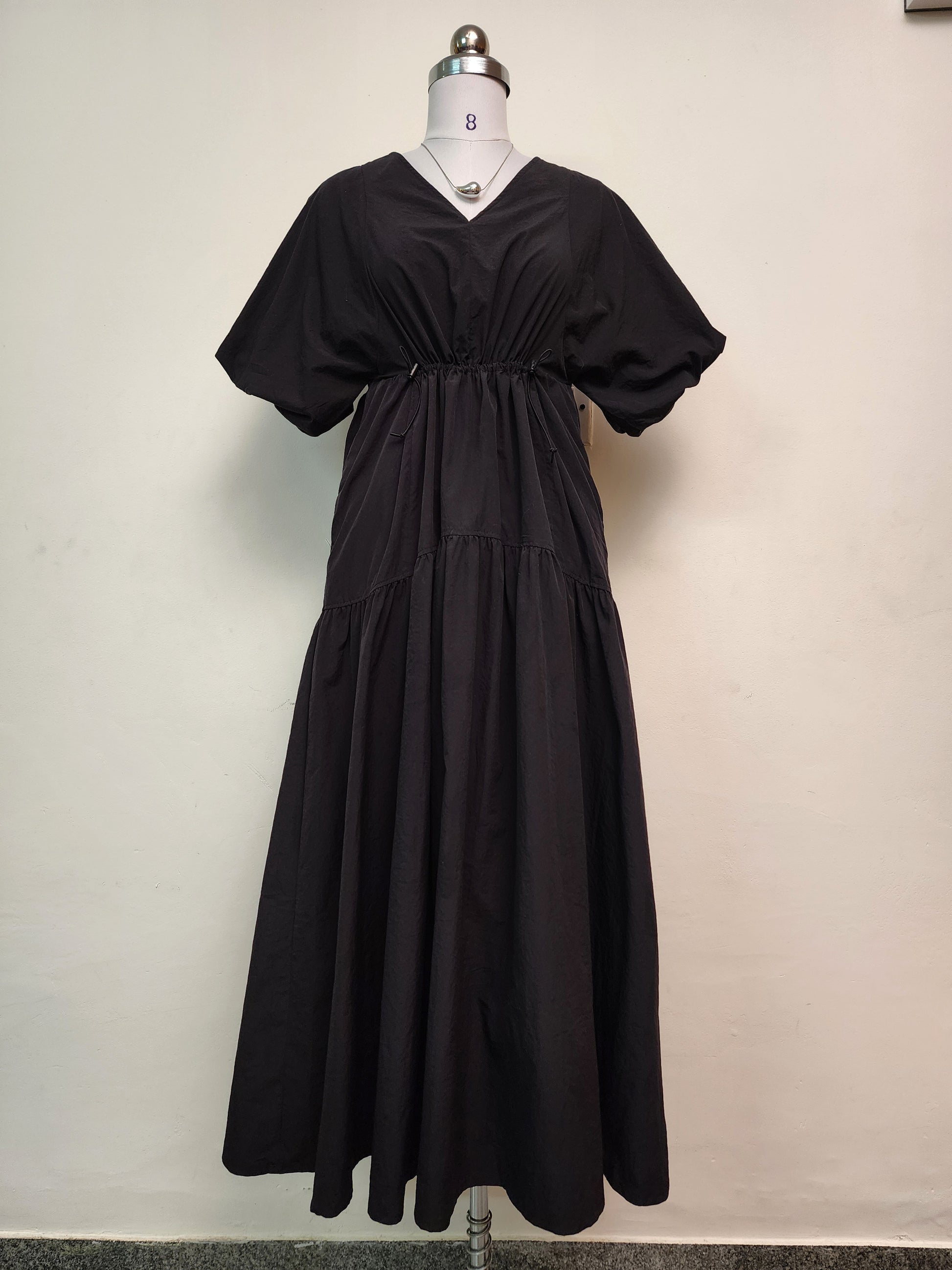 Relaxed Black Midi Dress - V-Neck Puff Sleeve Tiered Design