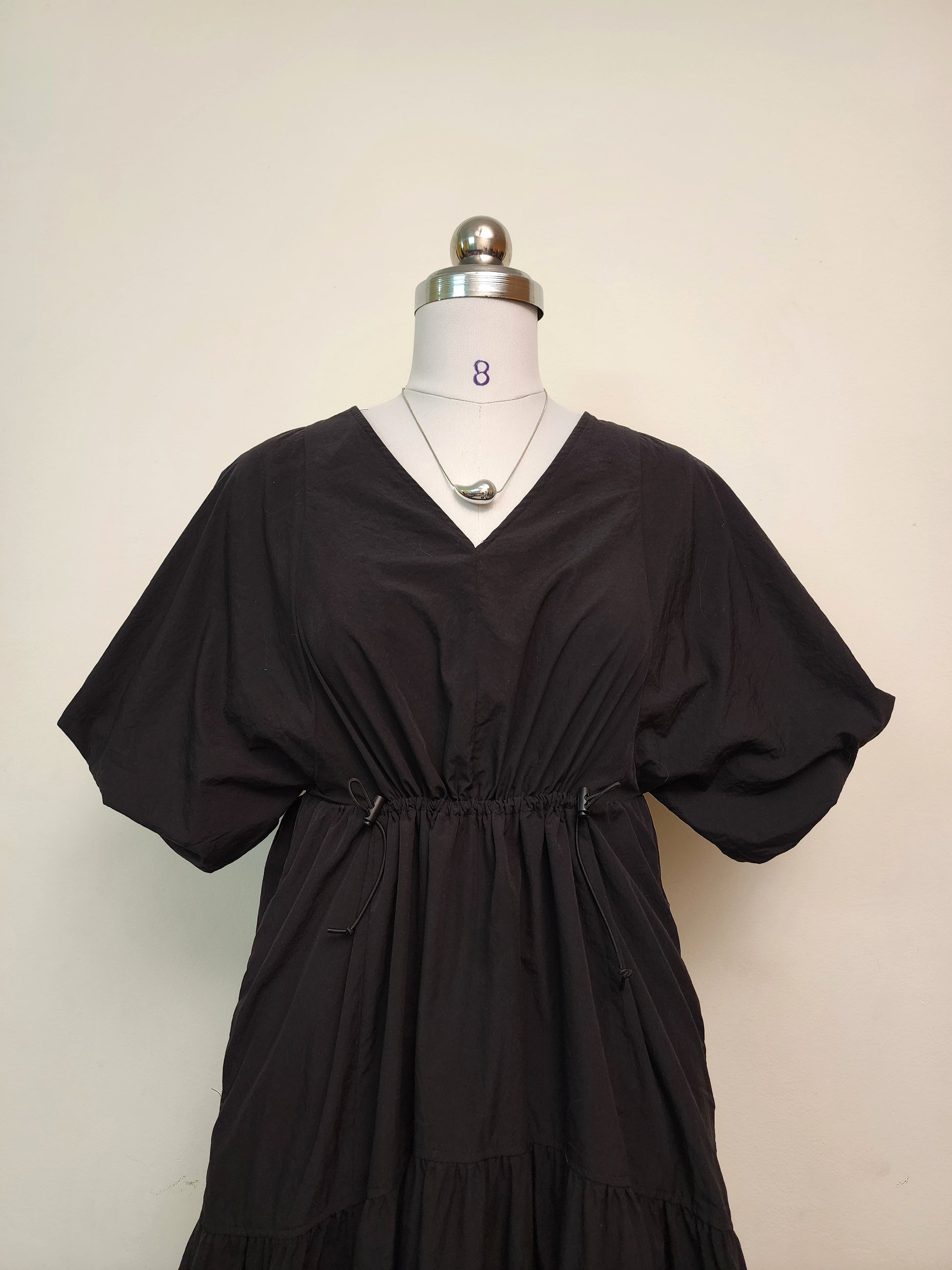 Relaxed Black Midi Dress - V-Neck Puff Sleeve Tiered Design