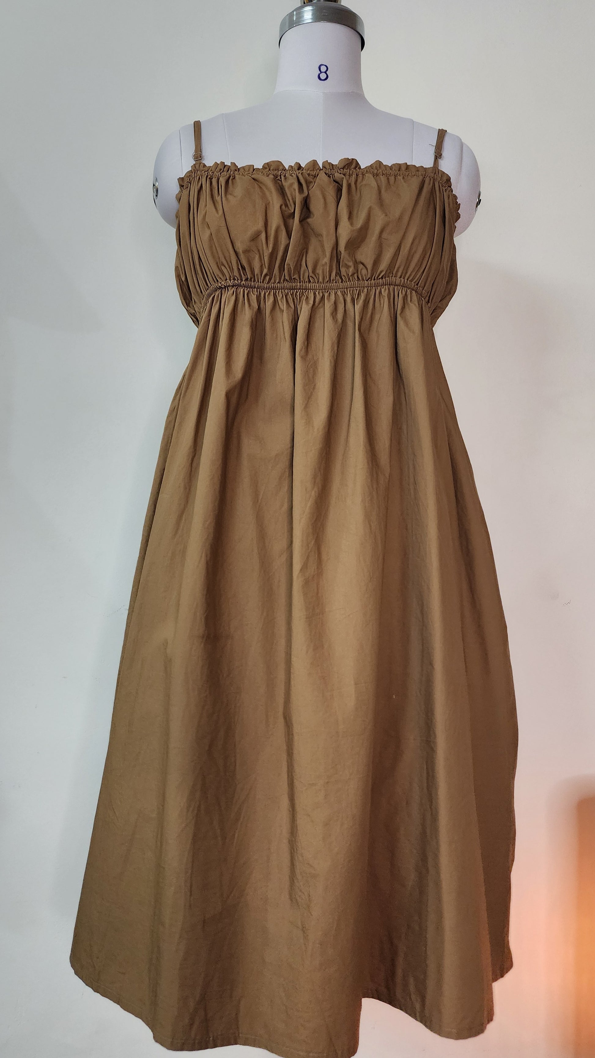 Relaxed Brown Midi Dress - Strappy Ruched Bodice with Tie Back