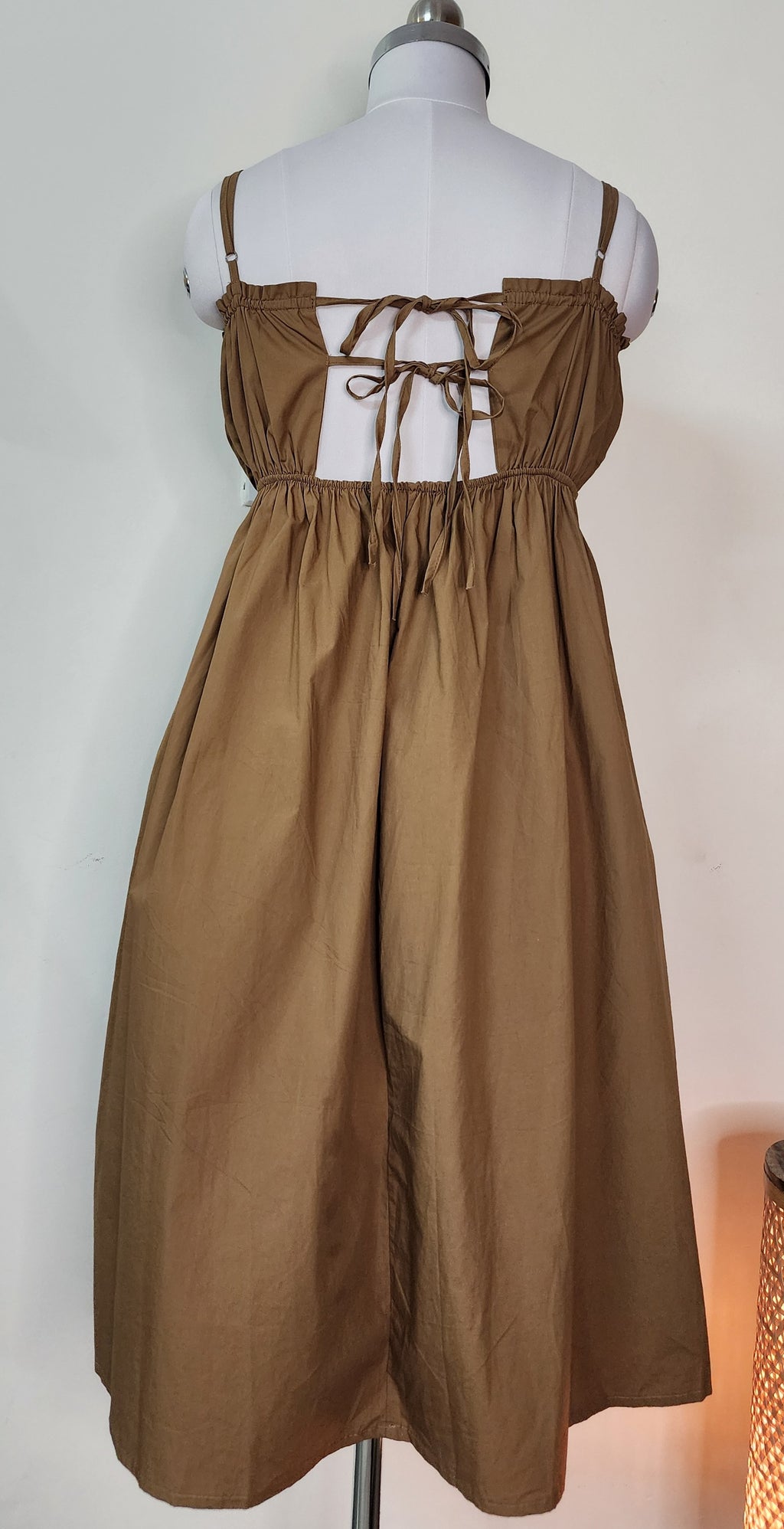 Relaxed Brown Midi Dress - Strappy Ruched Bodice with Tie Back