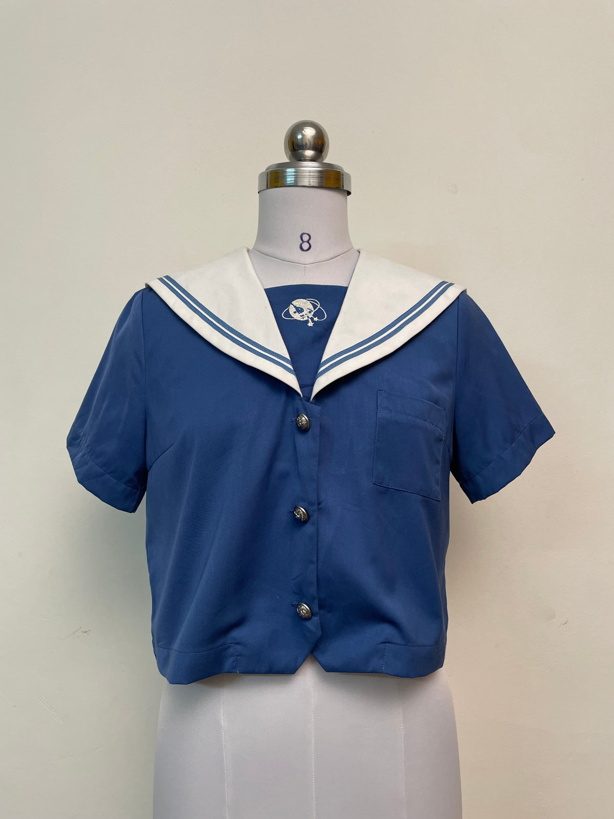 Retro Sailor Collar Crop Top - Blue Short Sleeve Blouse with Embroidery