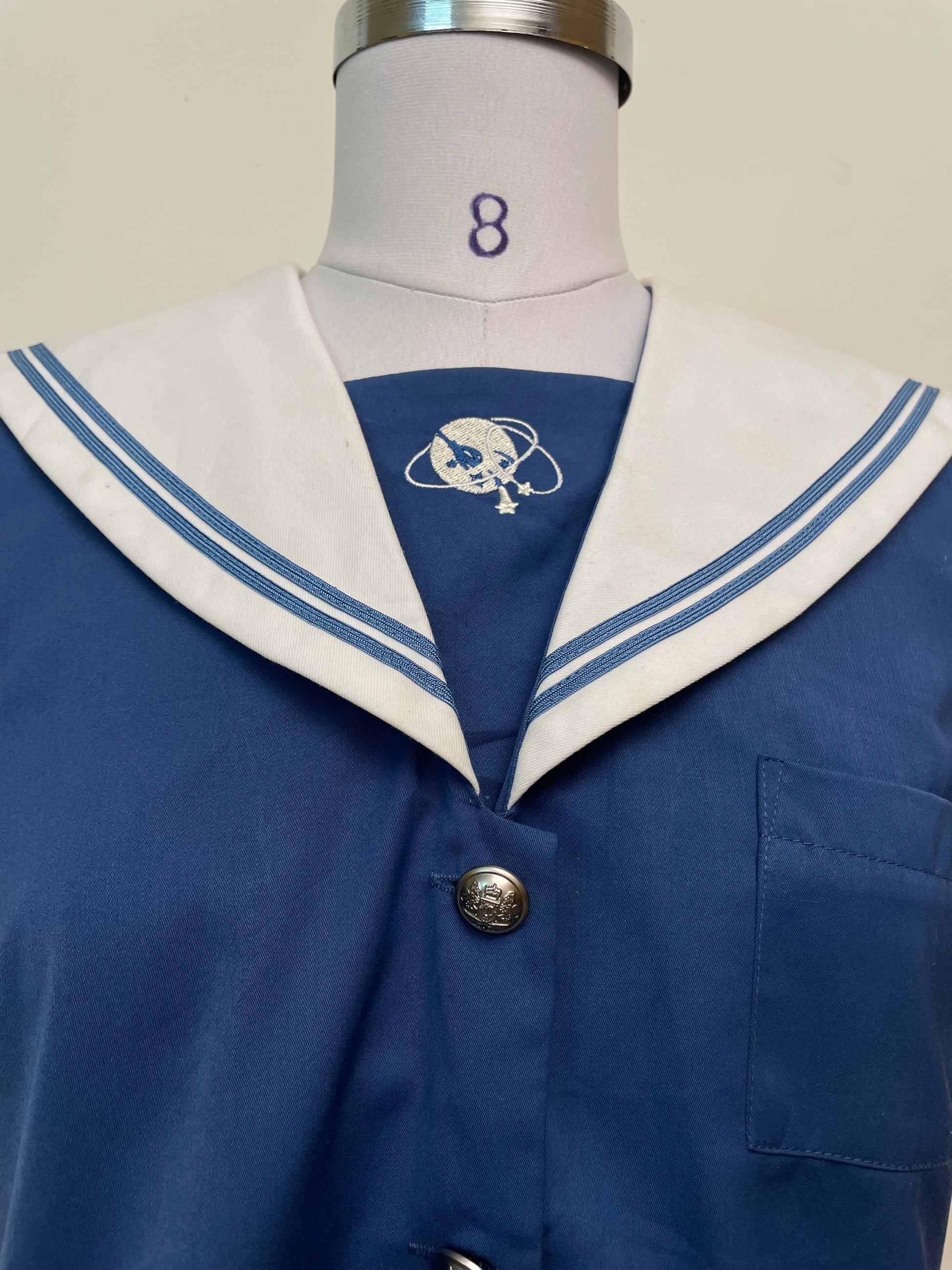 Retro Sailor Collar Crop Top - Blue Short Sleeve Blouse with Embroidery