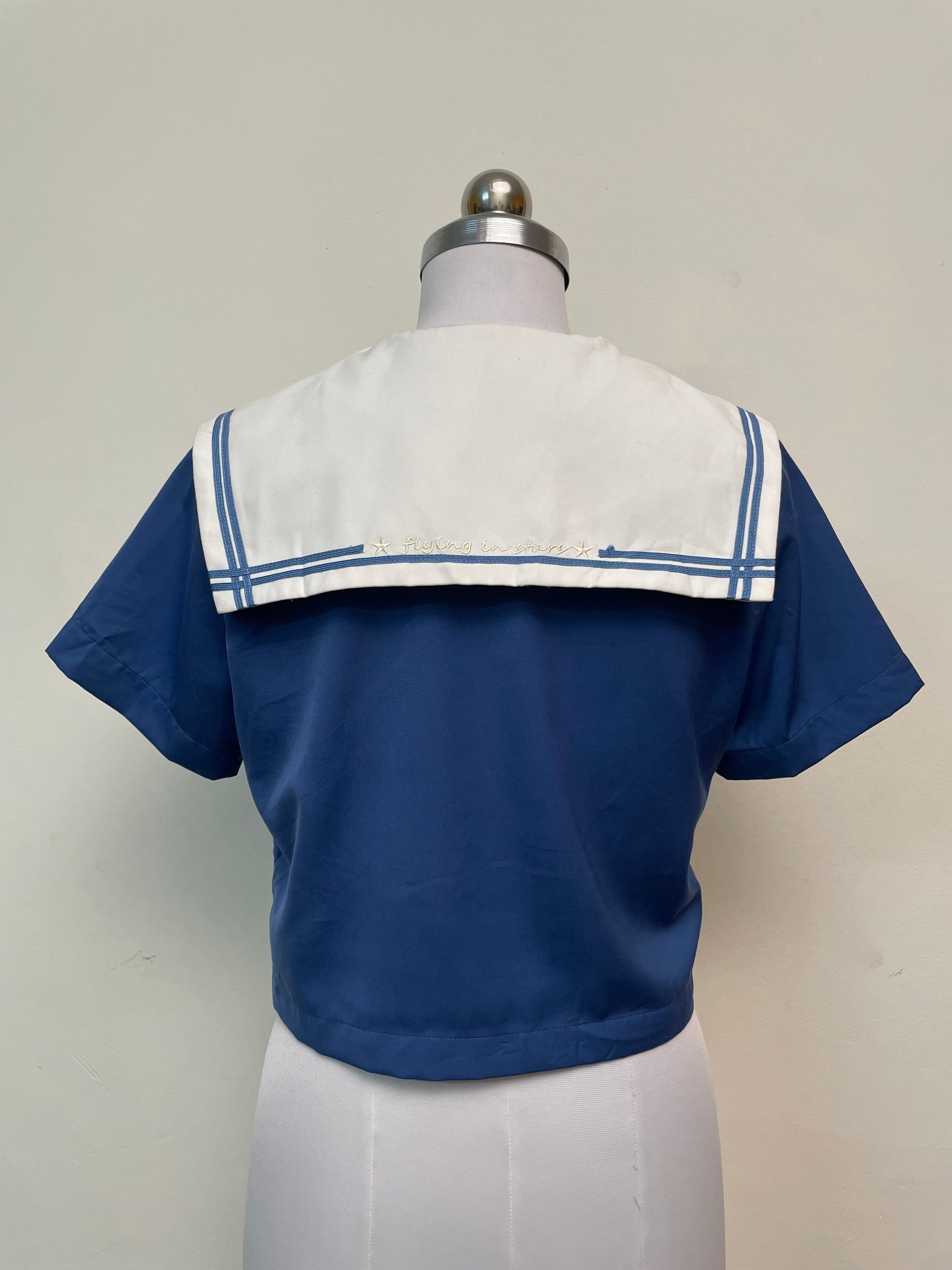 Retro Sailor Collar Crop Top - Blue Short Sleeve Blouse with Embroidery