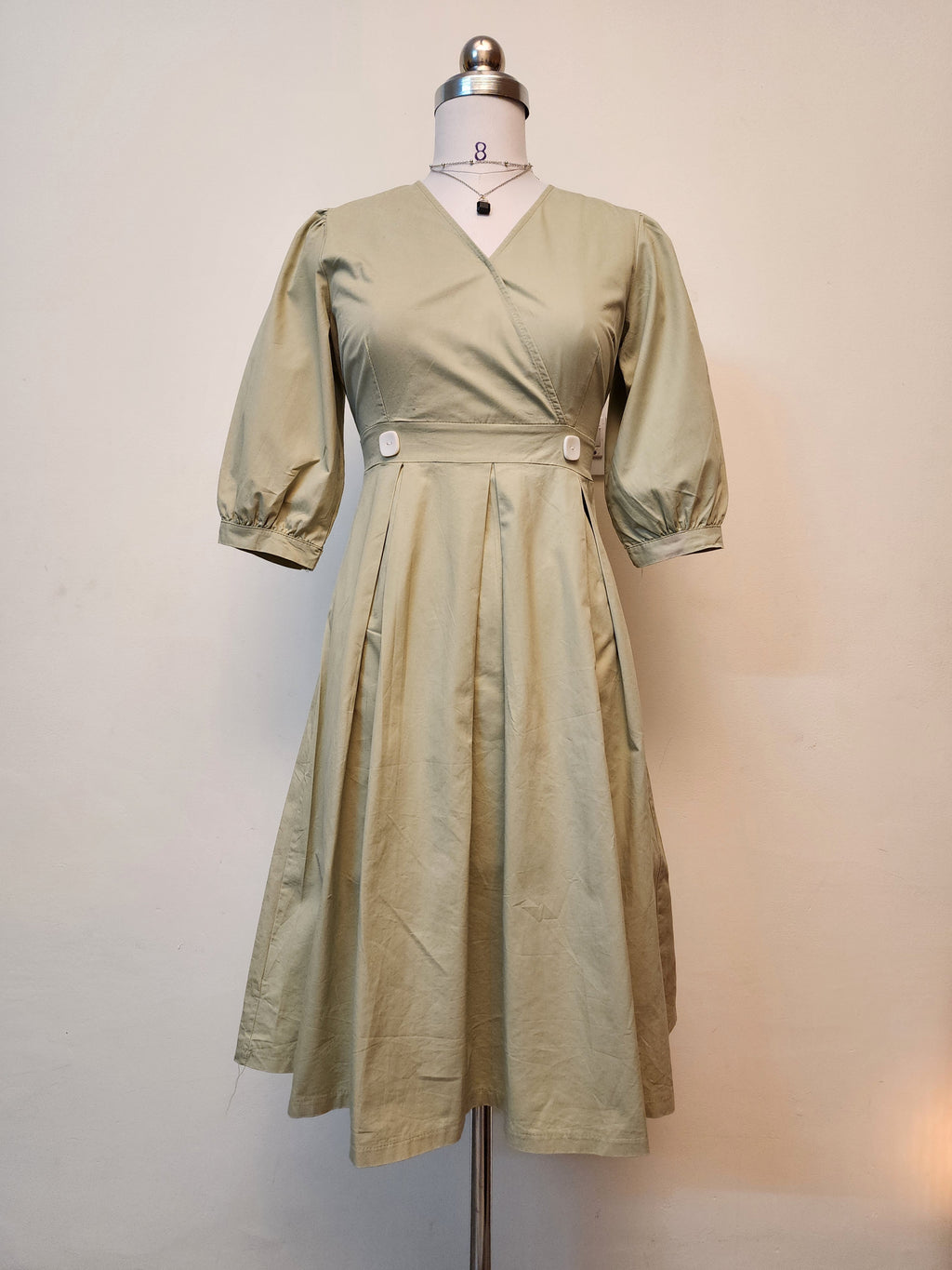 Sage Green V-Neck Wrap Midi Dress - Pleated A-Line Puff Sleeve Dress