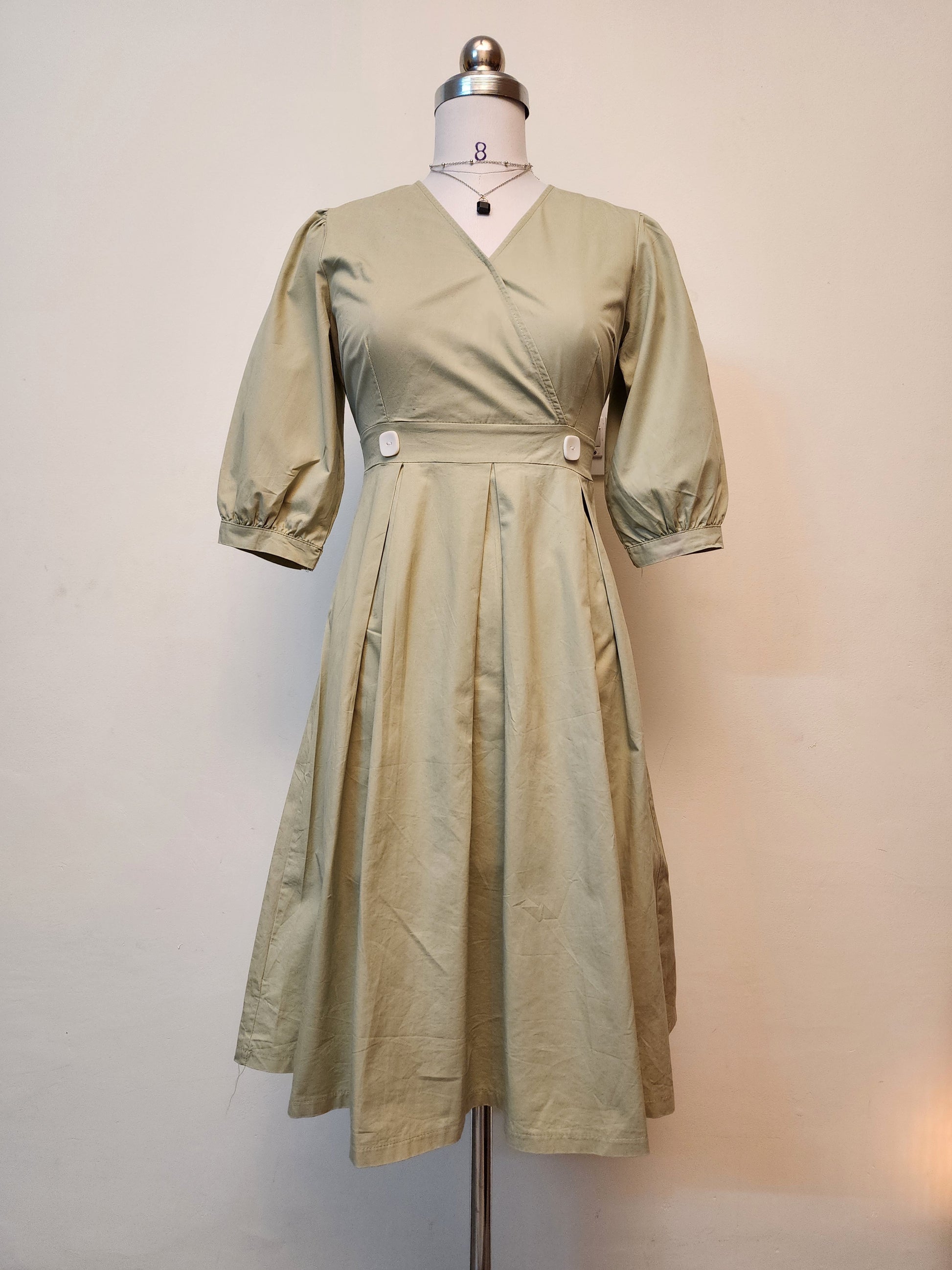 Sage Green V-Neck Wrap Midi Dress - Pleated A-Line Puff Sleeve Dress