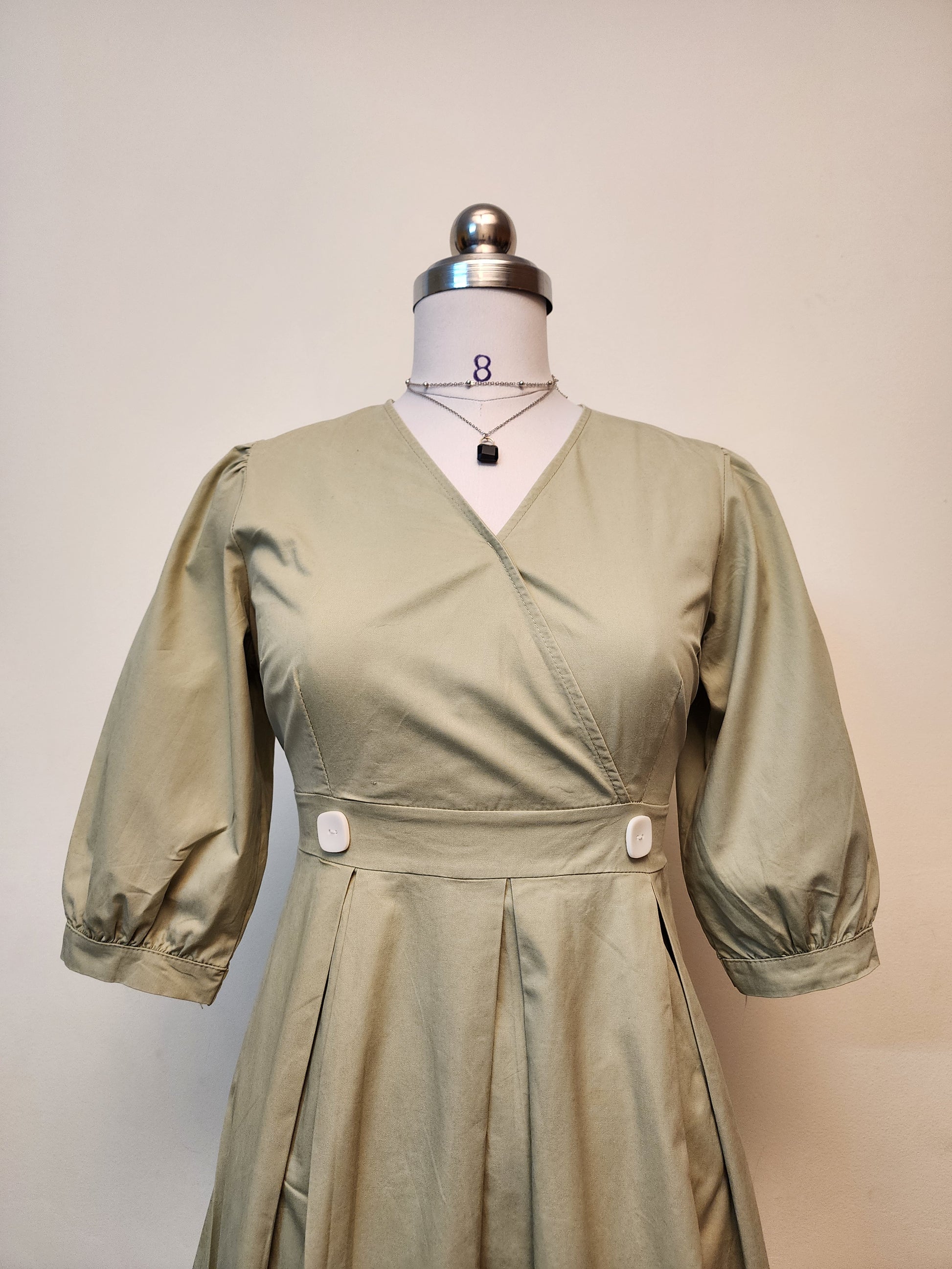 Sage Green V-Neck Wrap Midi Dress - Pleated A-Line Puff Sleeve Dress