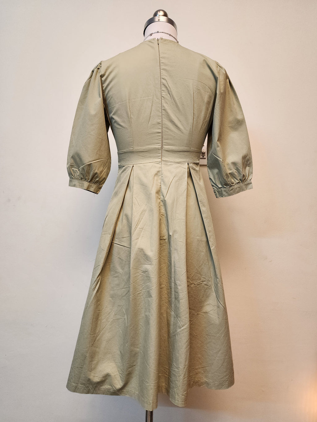 Sage Green V-Neck Wrap Midi Dress - Pleated A-Line Puff Sleeve Dress