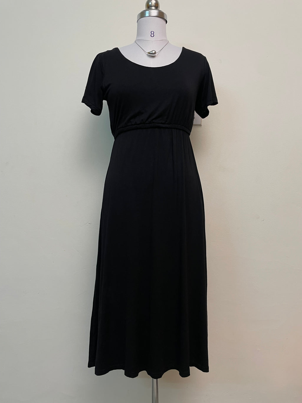 Simple Black Short Sleeve Midi Dress - Scoop Neck Elastic Waist Dress