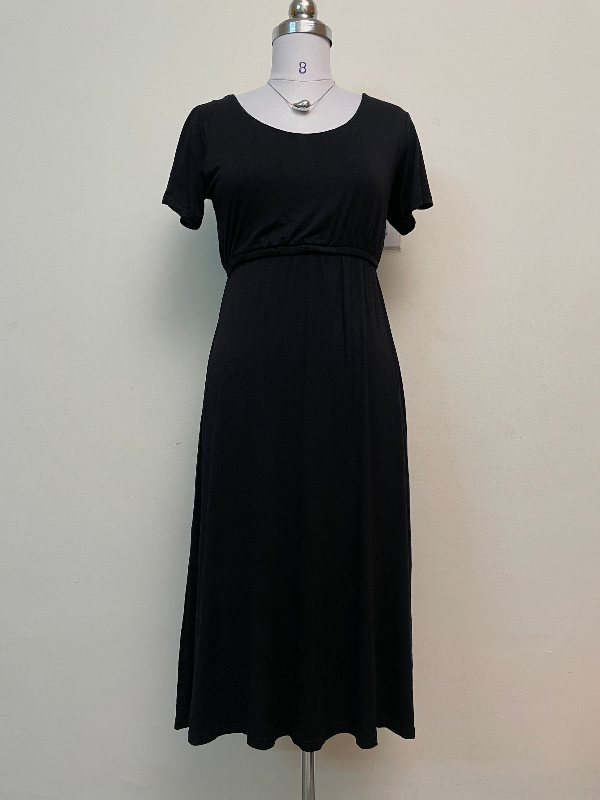 Simple Black Short Sleeve Midi Dress - Scoop Neck Elastic Waist Dress