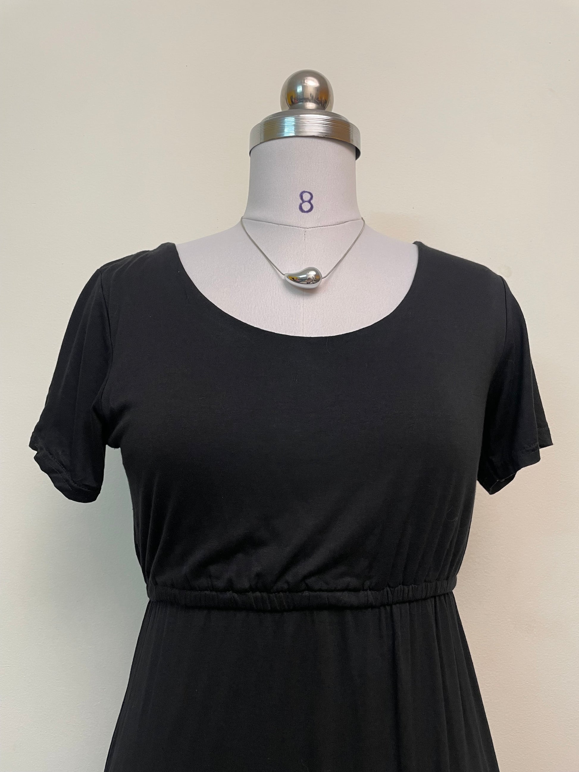 Simple Black Short Sleeve Midi Dress - Scoop Neck Elastic Waist Dress