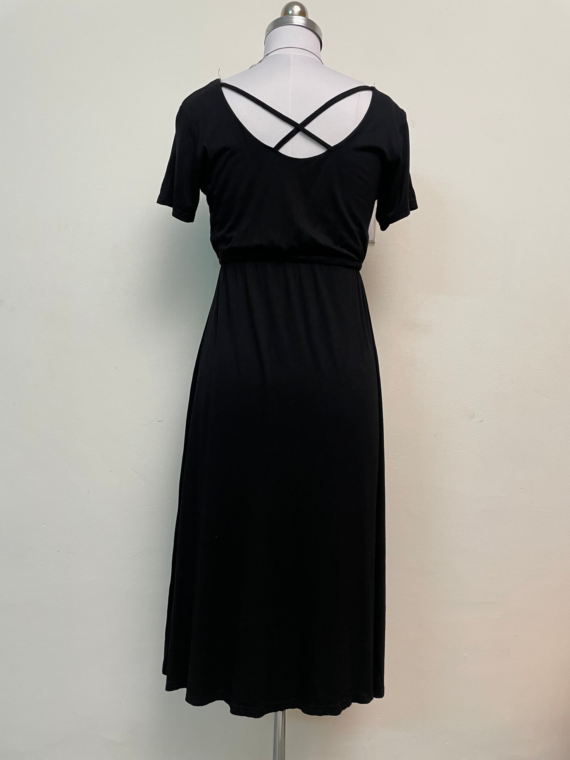 Simple Black Short Sleeve Midi Dress - Scoop Neck Elastic Waist Dress