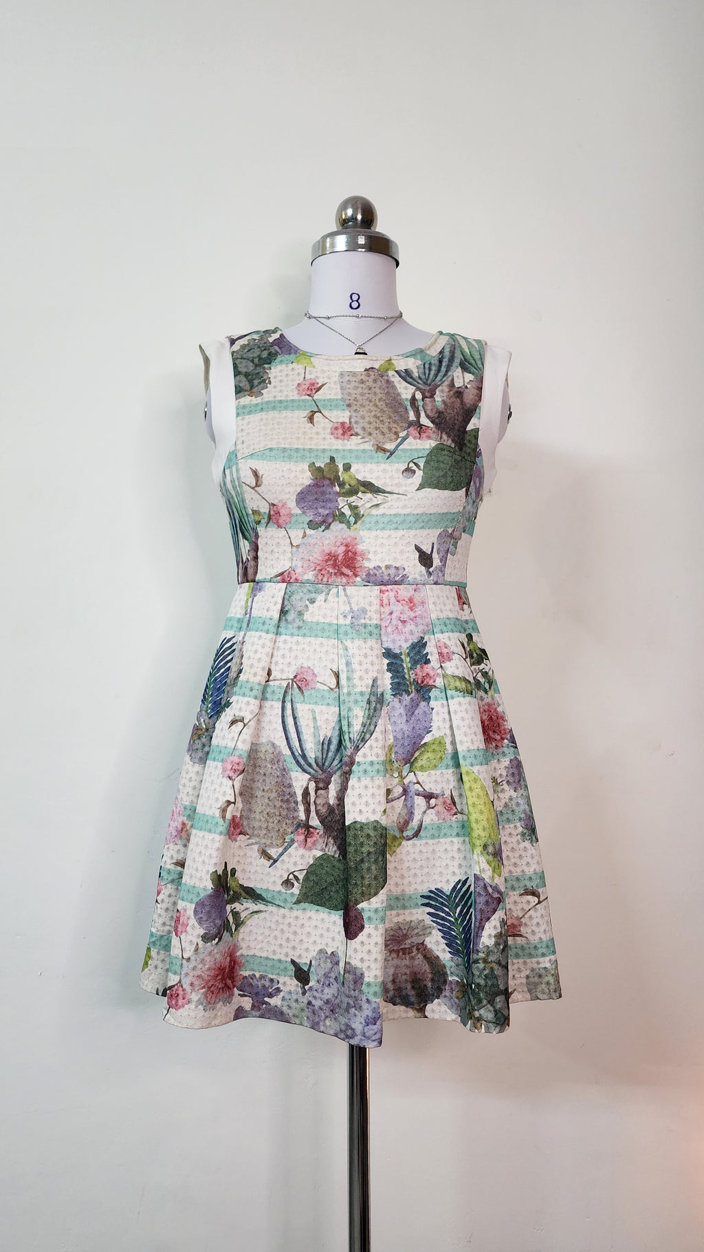 Sleeveless Floral & Stripe Mini Dress - Pleated A-Line