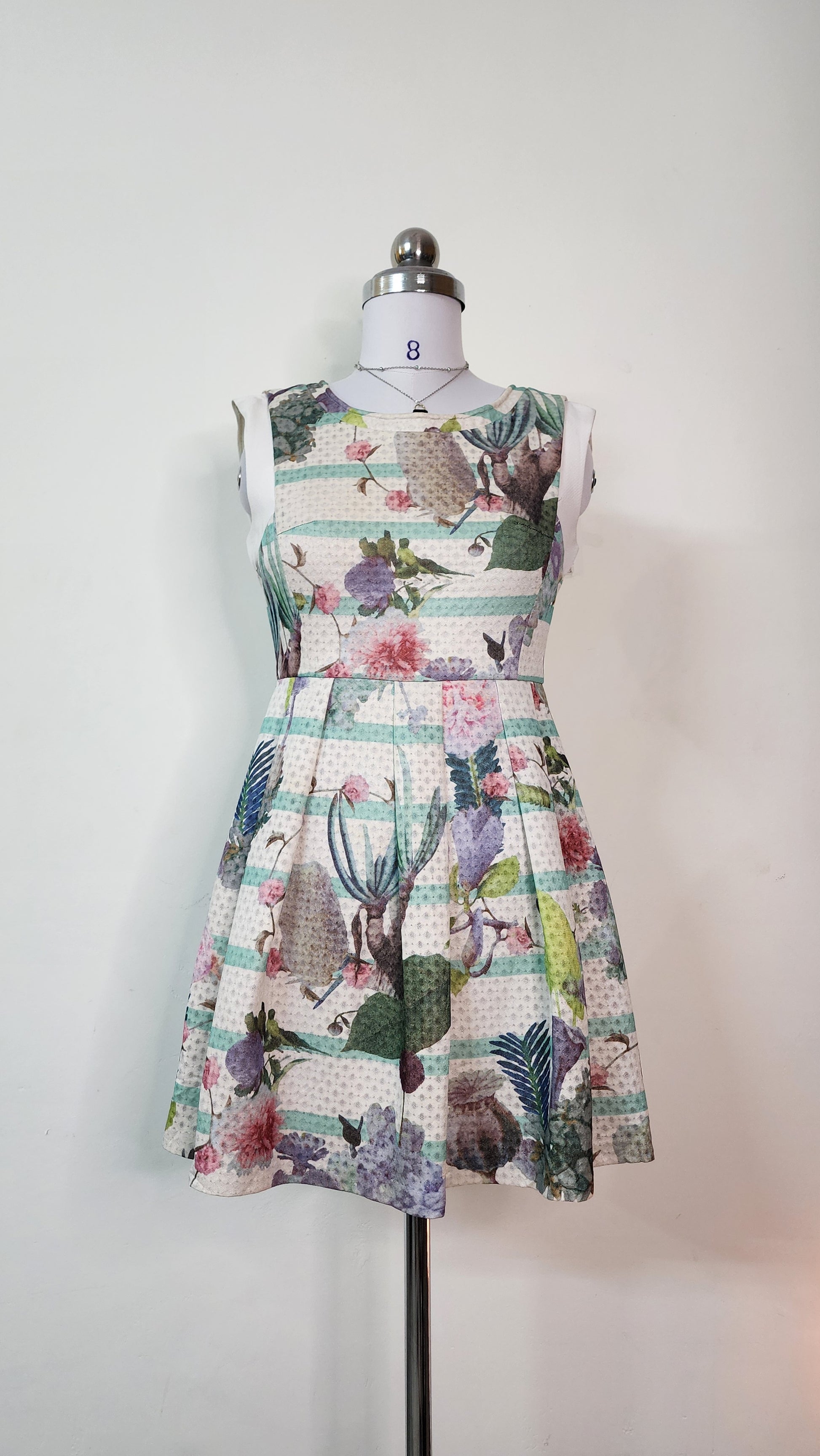 Sleeveless Floral & Stripe Mini Dress - Pleated A-Line
