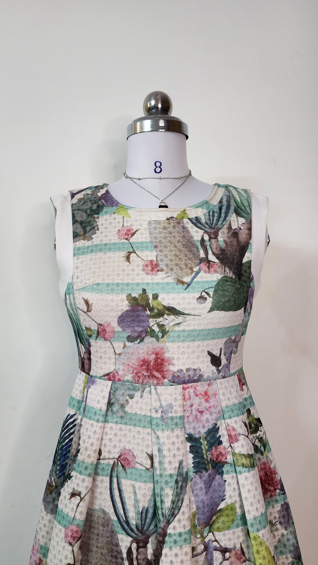 Sleeveless Floral & Stripe Mini Dress - Pleated A-Line
