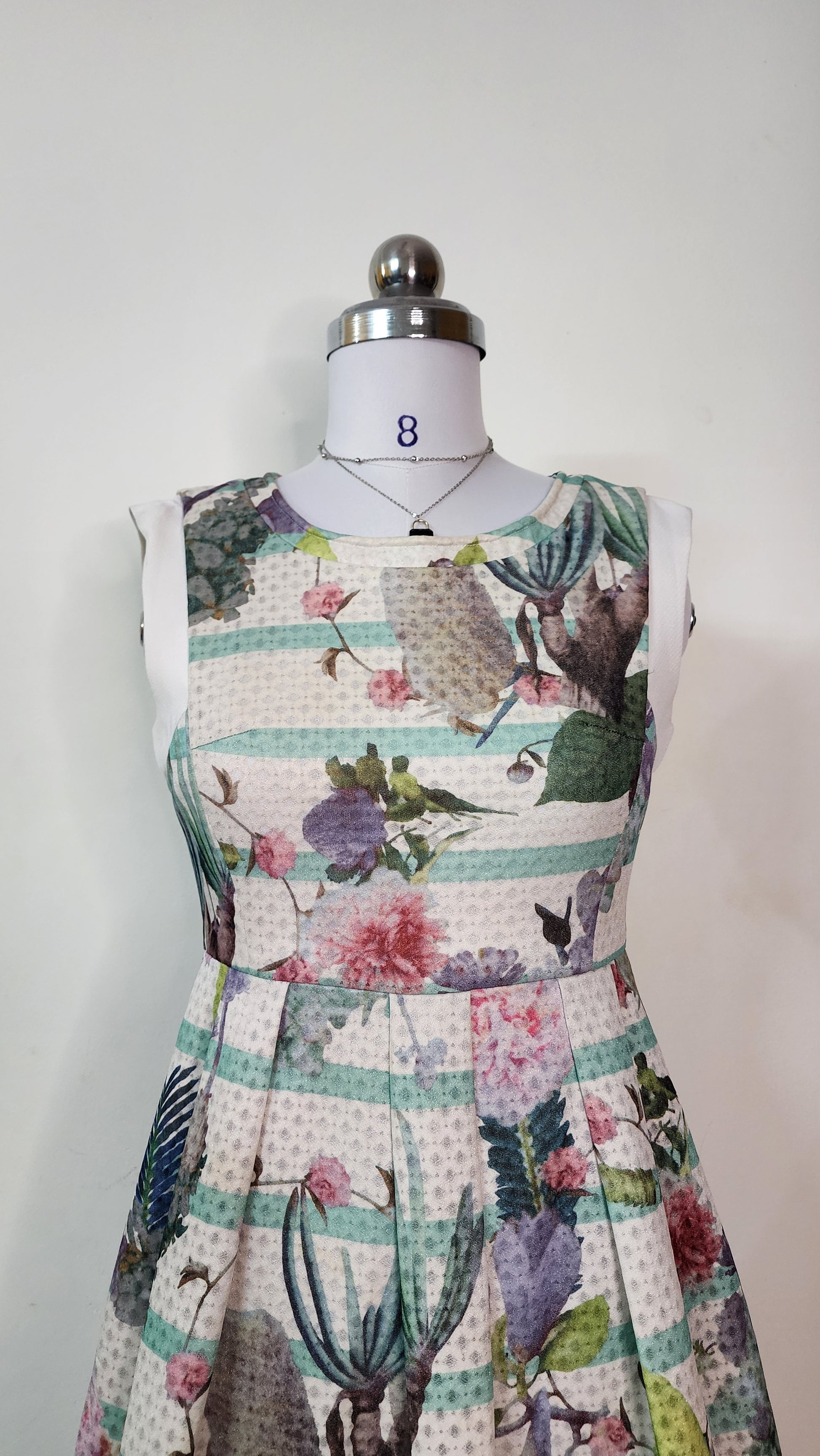 Sleeveless Floral & Stripe Mini Dress - Pleated A-Line