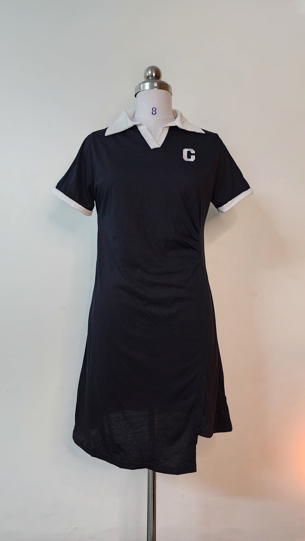 Sporty Black Mini Dress - White Collar Short Sleeve C-Logo Dress