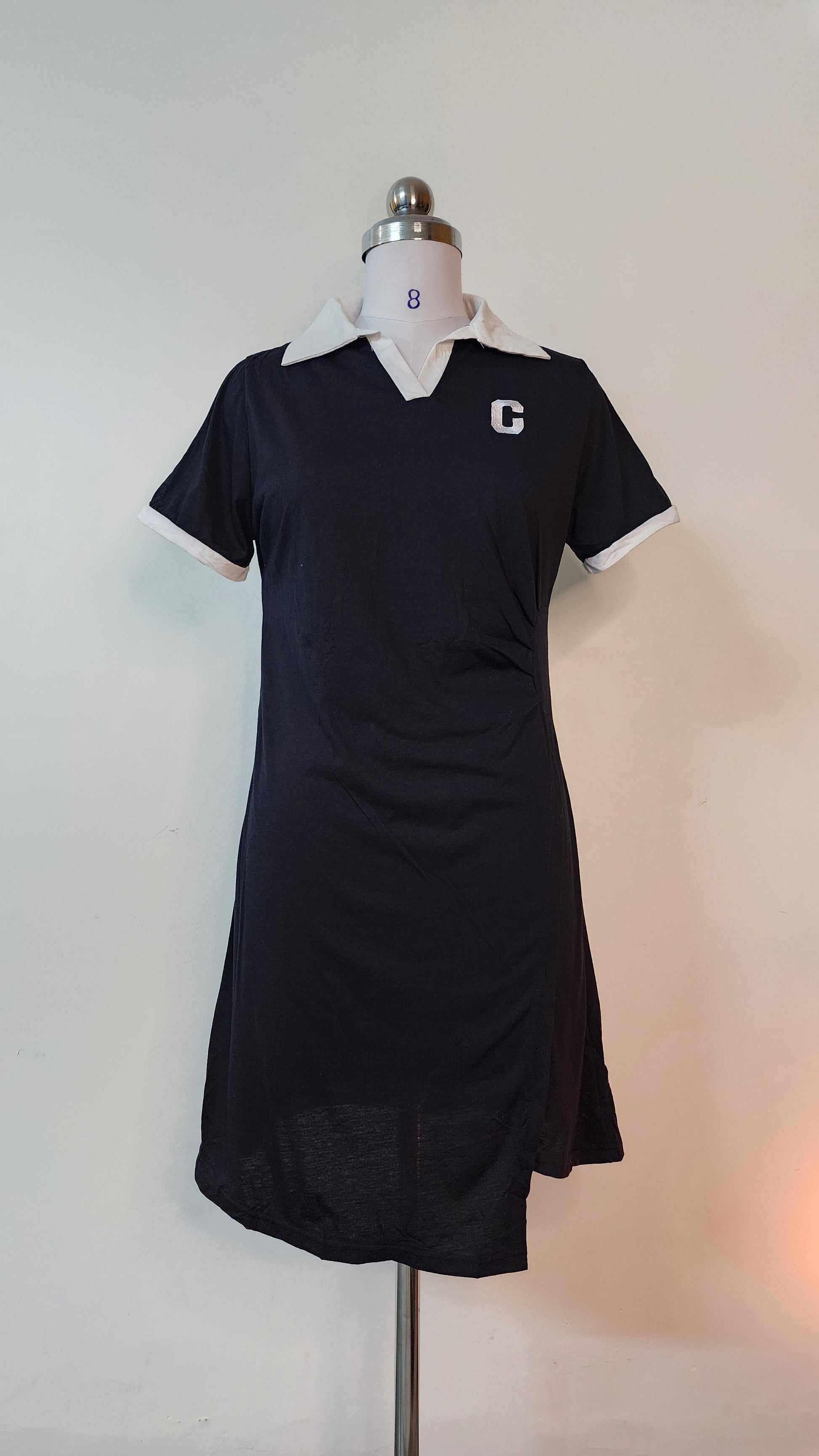 Sporty Black Mini Dress - White Collar Short Sleeve C-Logo Dress
