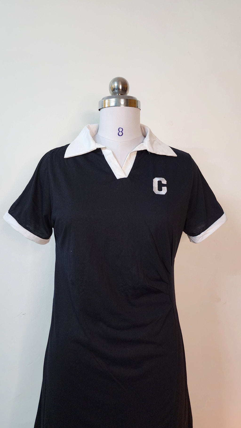 Sporty Black Mini Dress - White Collar Short Sleeve C-Logo Dress