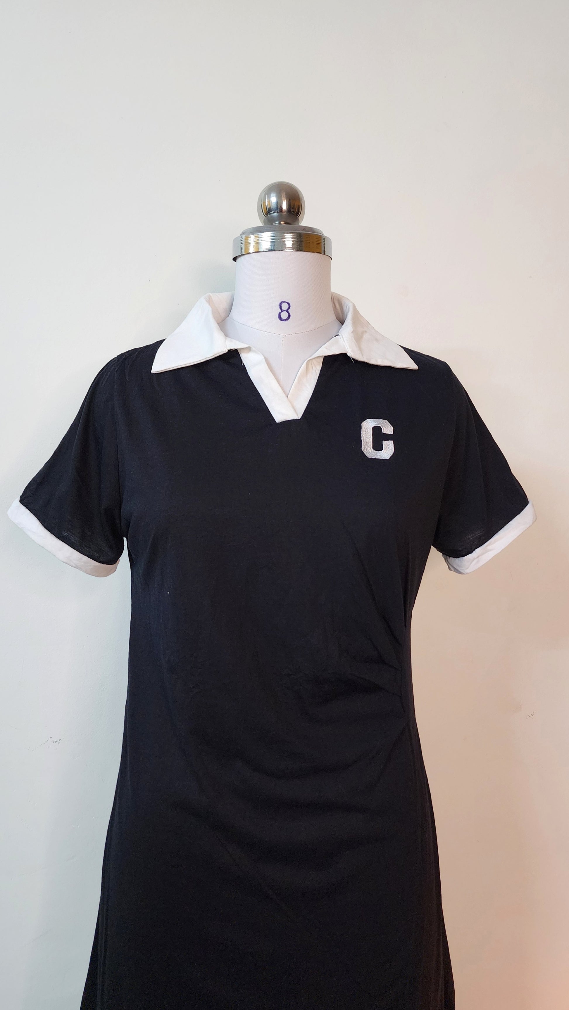 Sporty Black Mini Dress - White Collar Short Sleeve C-Logo Dress