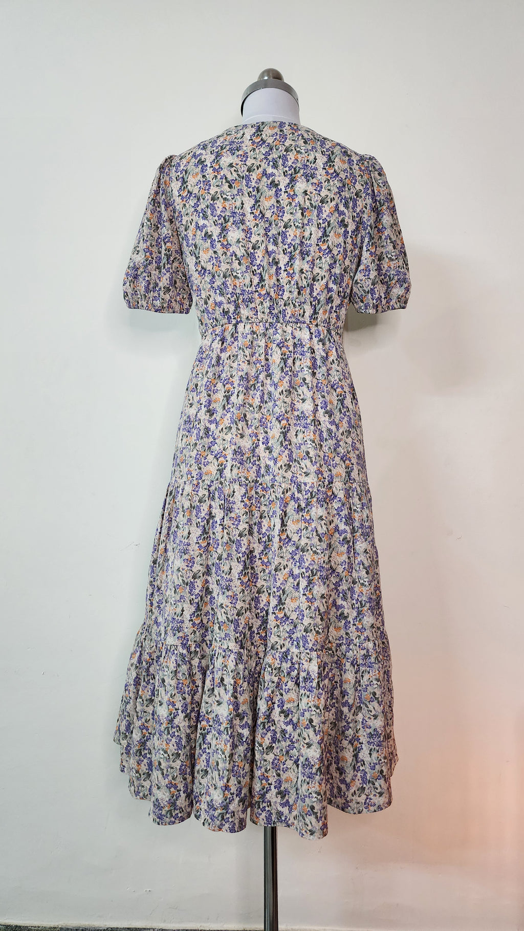 Summer Floral Midi Dress - V-Neck Short Sleeve Tiered Dress