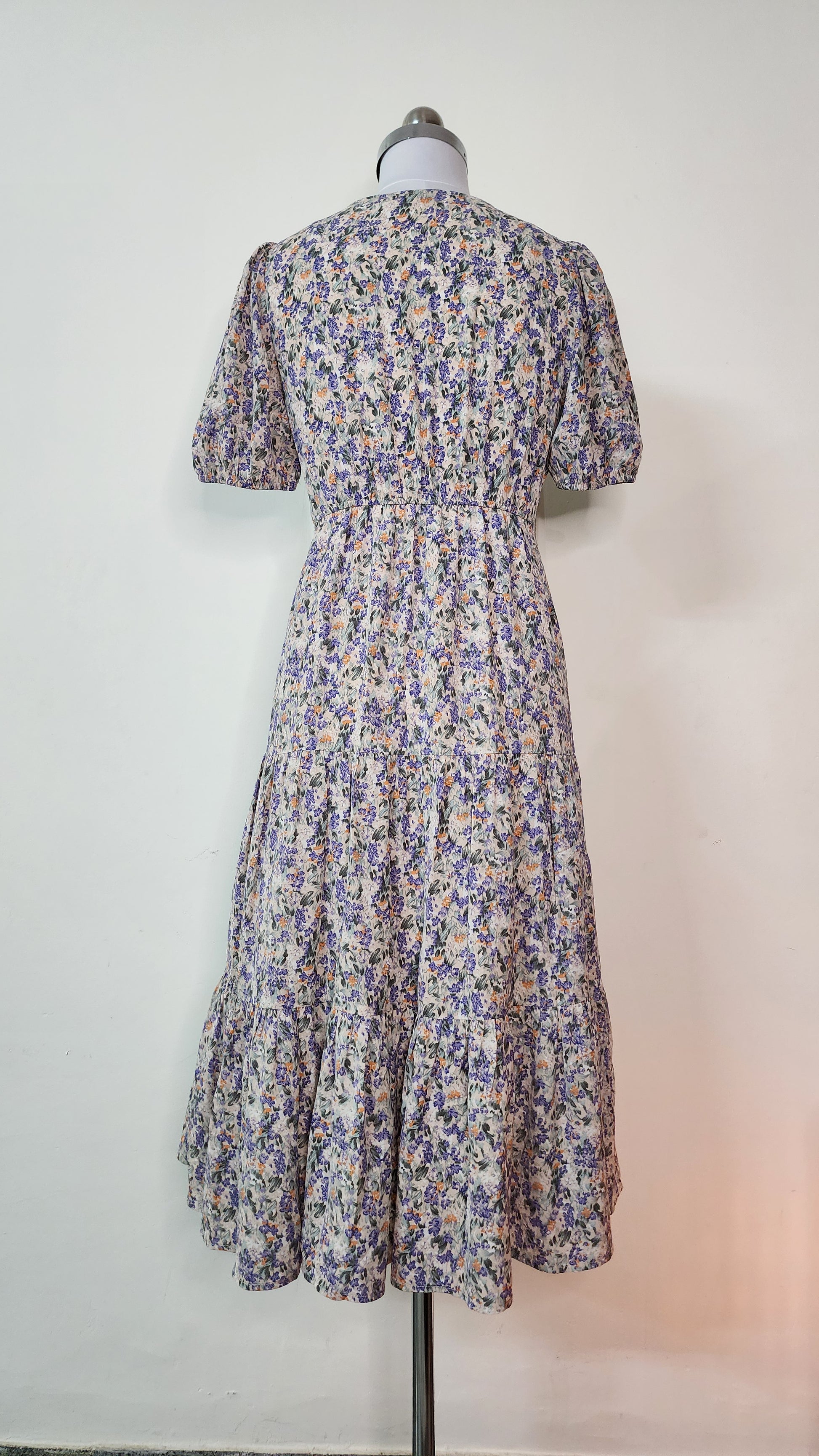 Summer Floral Midi Dress - V-Neck Short Sleeve Tiered Dress
