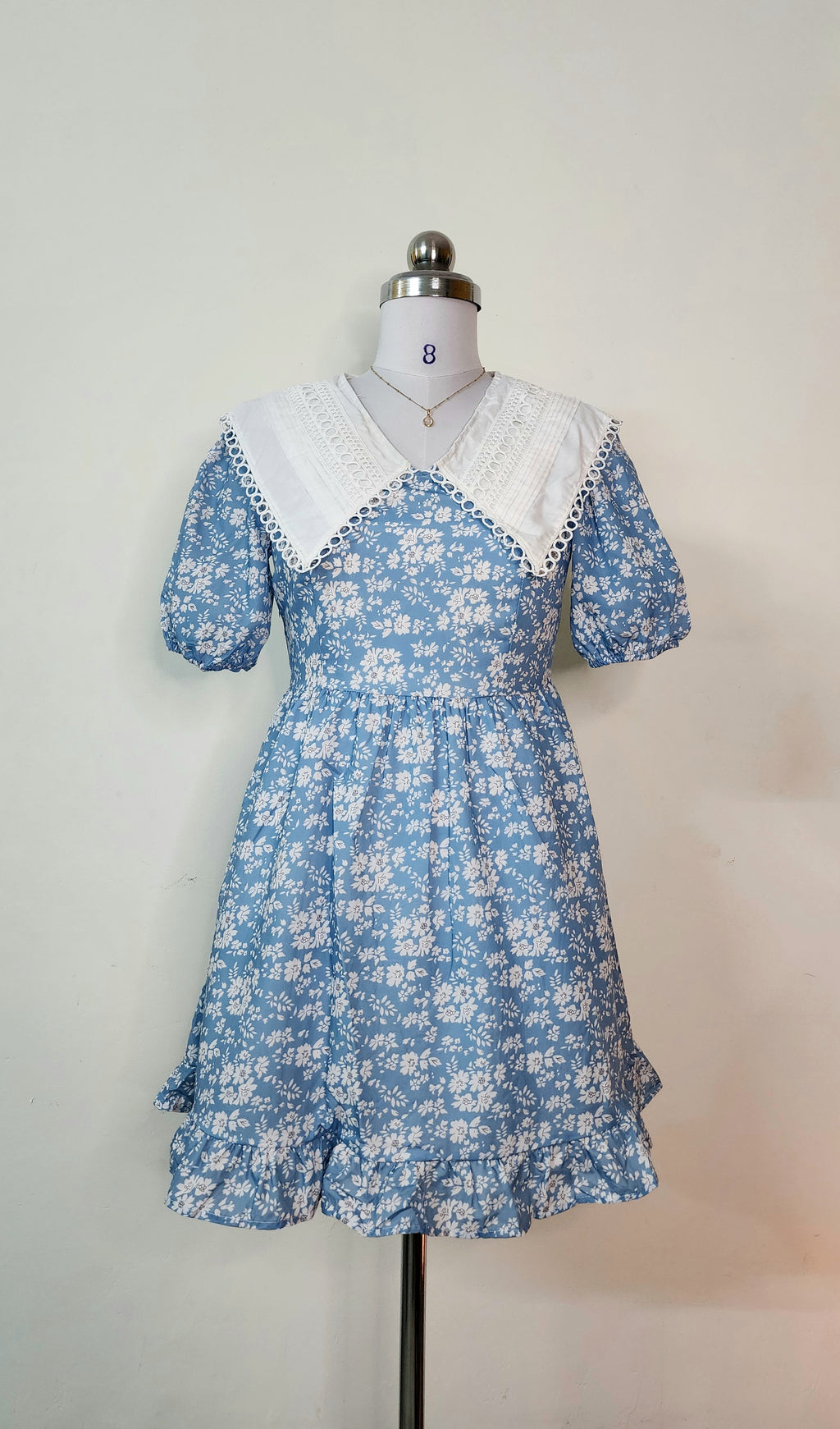 Sweet Blue Floral Mini Dress - White Lace Collar & Puff Sleeves