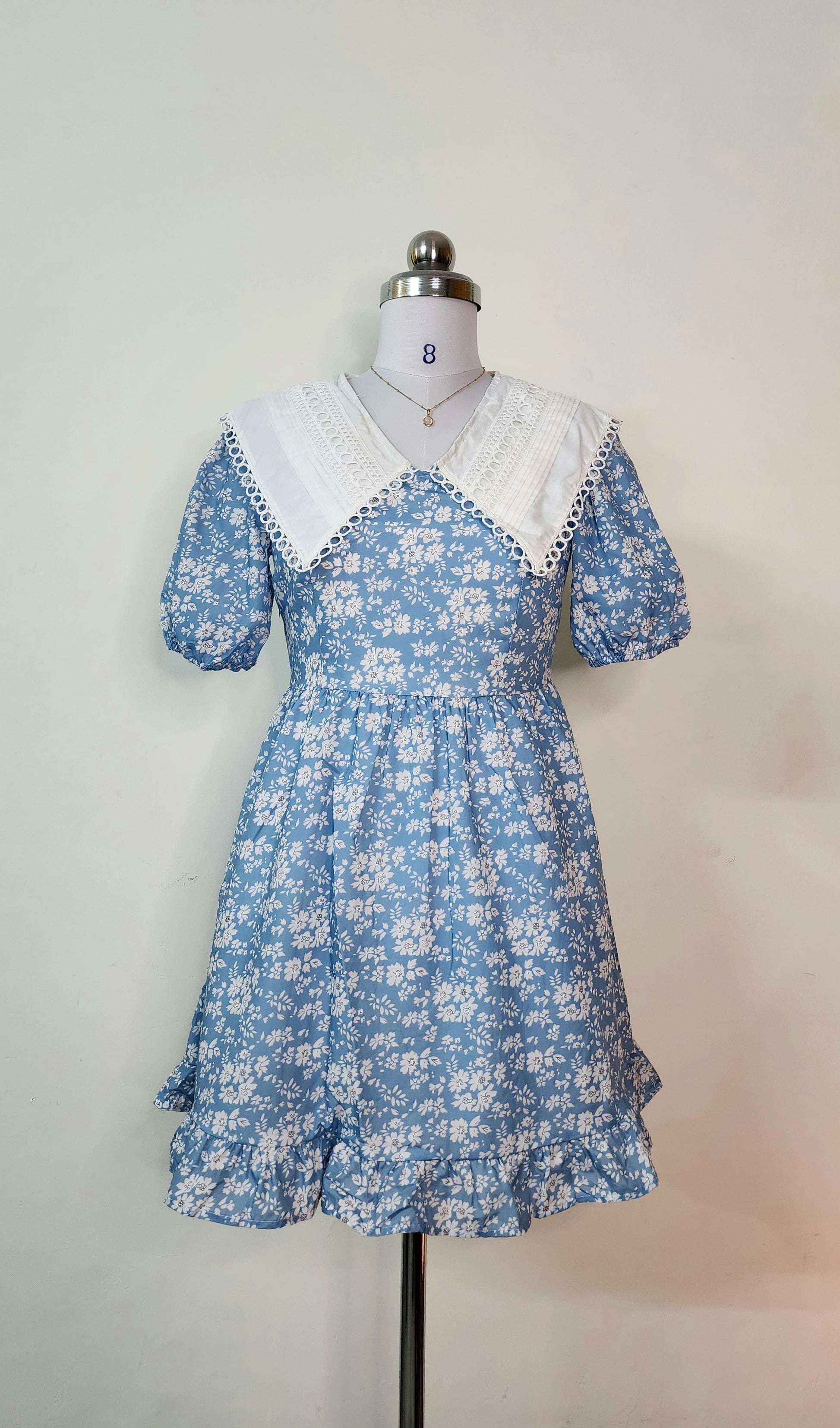 Sweet Blue Floral Mini Dress - White Lace Collar & Puff Sleeves