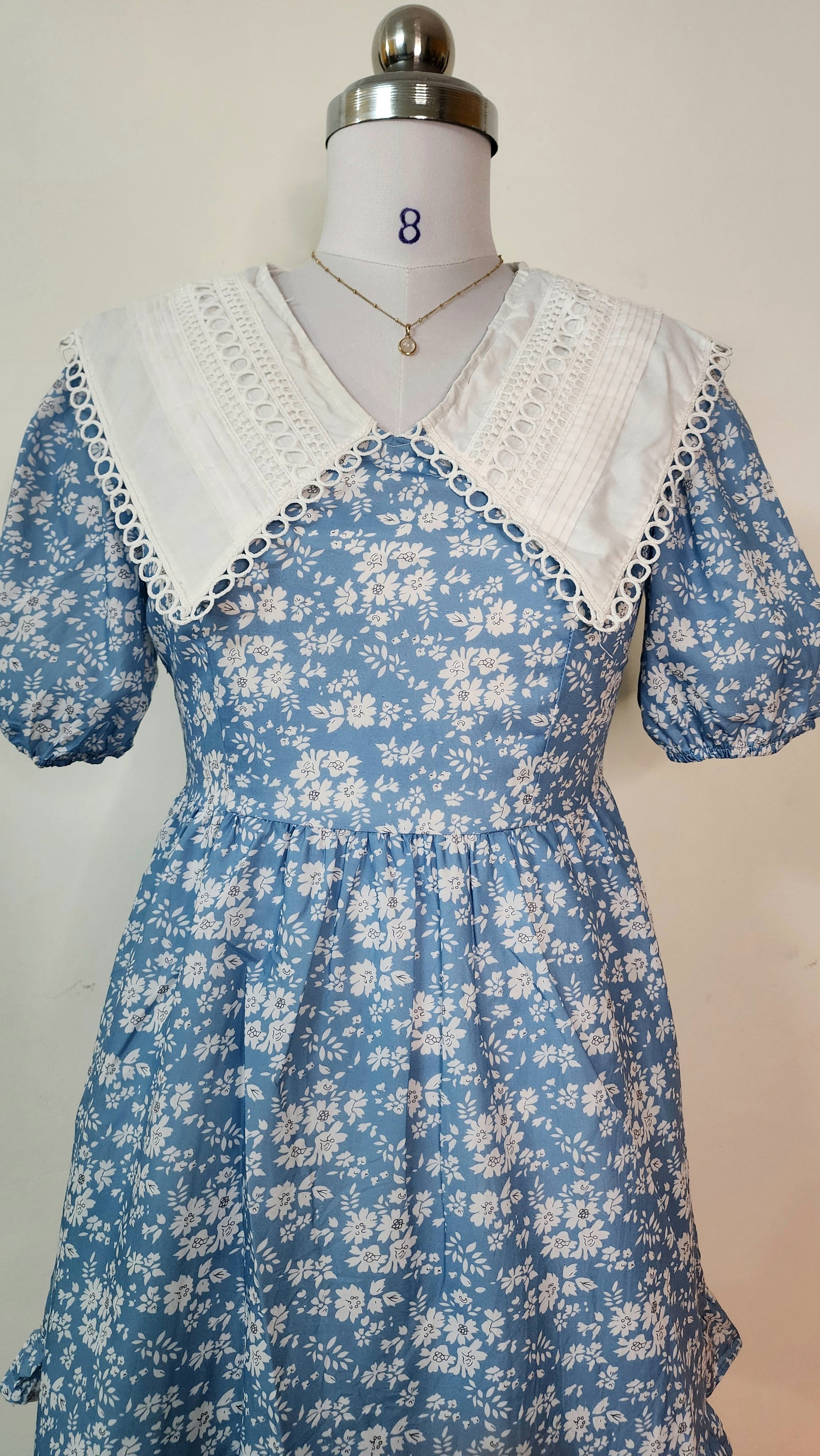 Sweet Blue Floral Mini Dress - White Lace Collar & Puff Sleeves