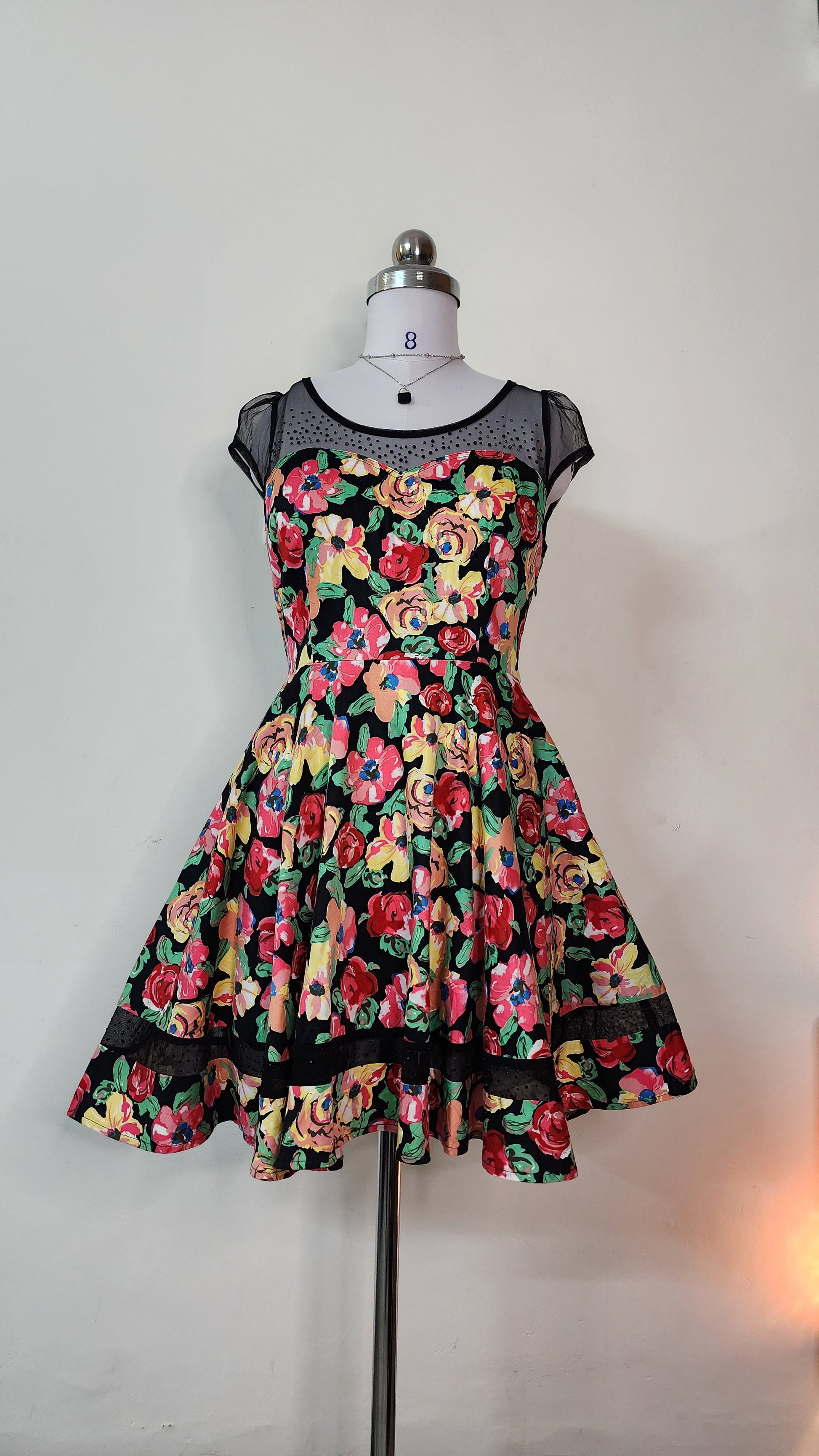 Vibrant Floral Mesh Top Mini Dress - Sweetheart Neckline Party Dress