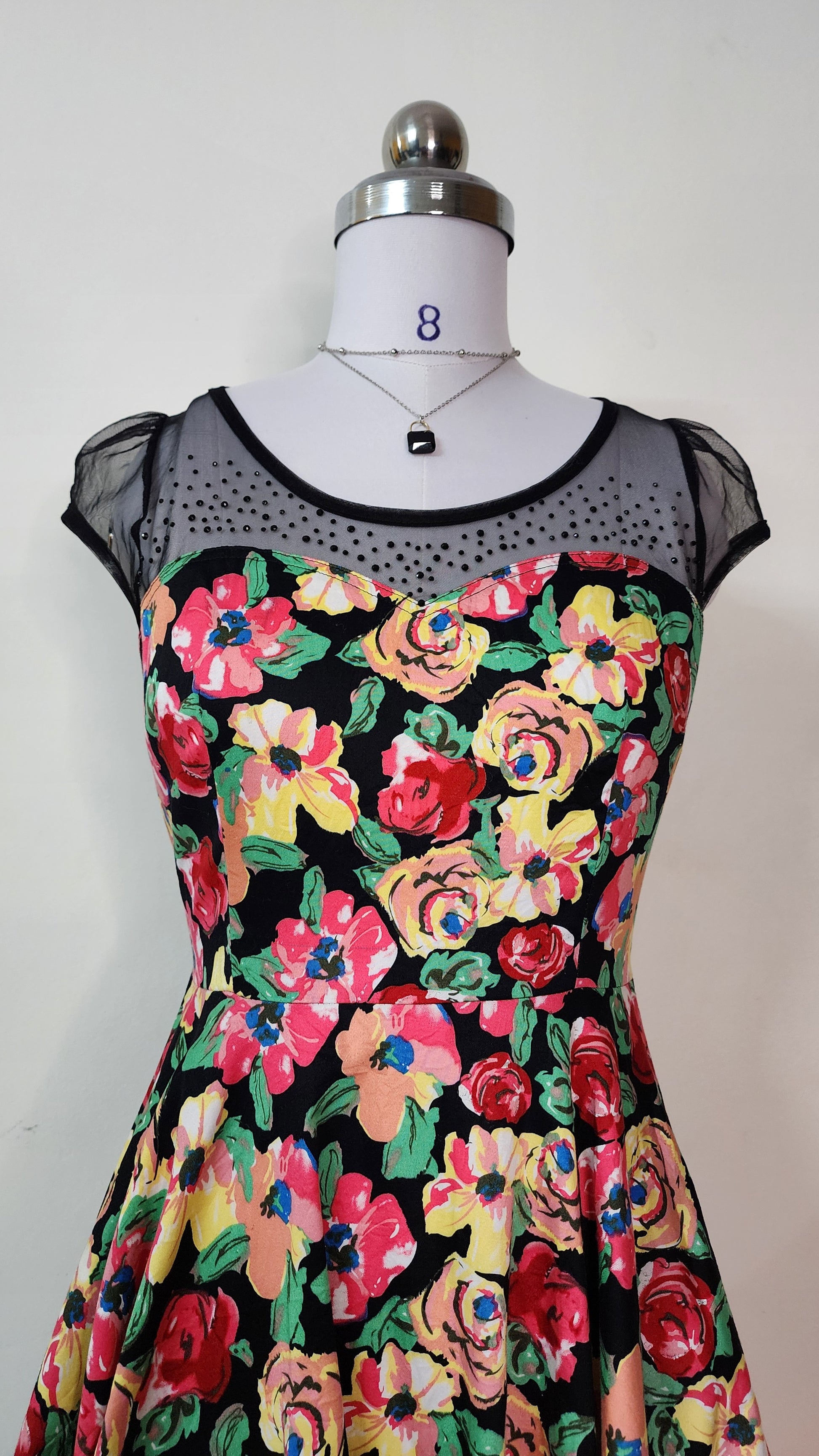 Vibrant Floral Mesh Top Mini Dress - Sweetheart Neckline Party Dress