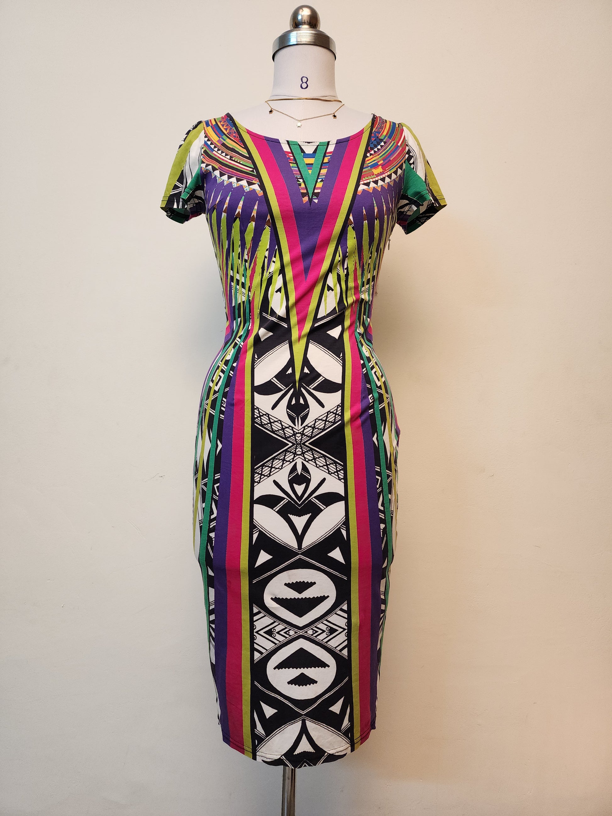 Vibrant Geometric Print Midi Dress - Short Sleeve Bodycon Style