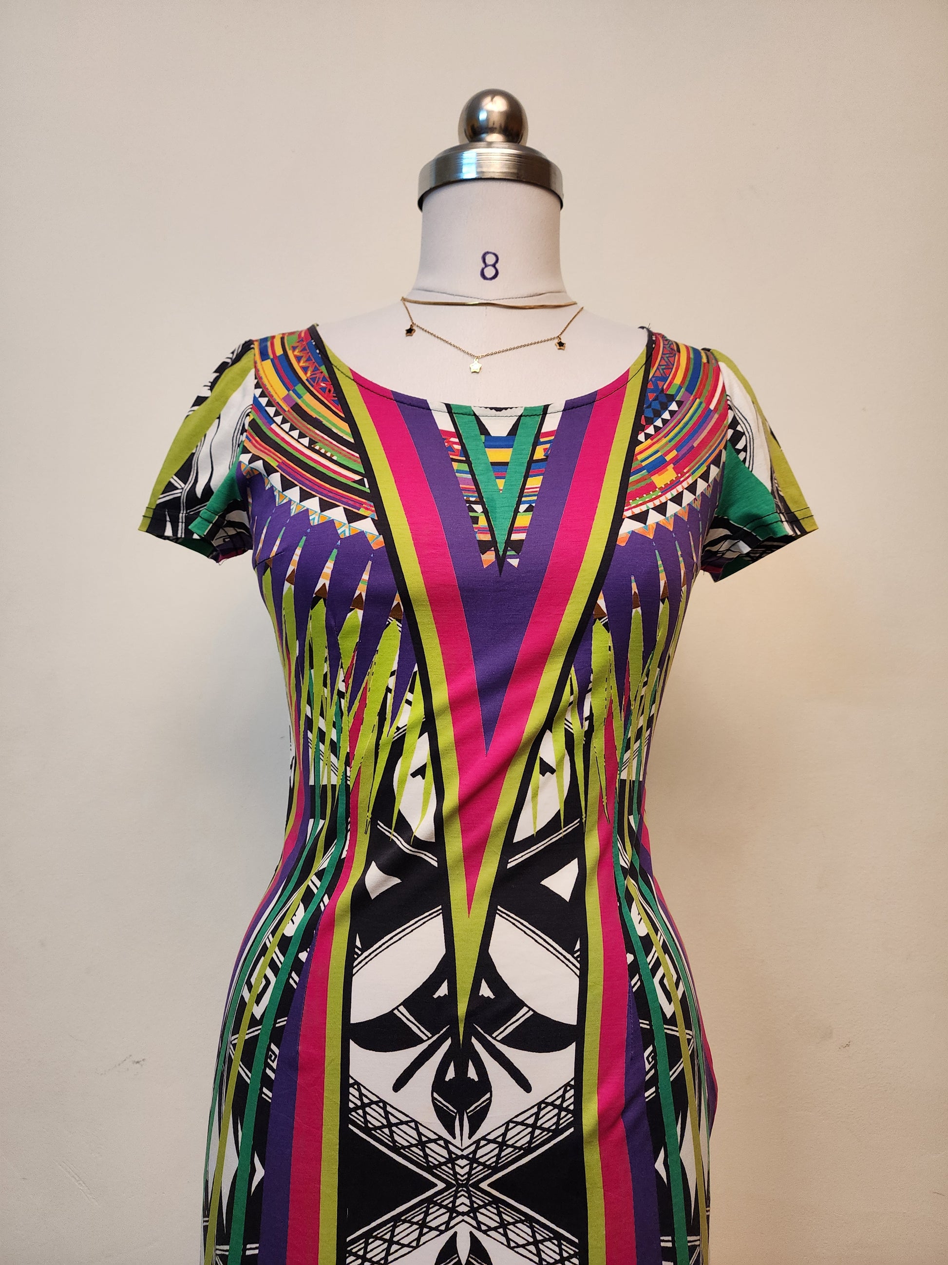 Vibrant Geometric Print Midi Dress - Short Sleeve Bodycon Style