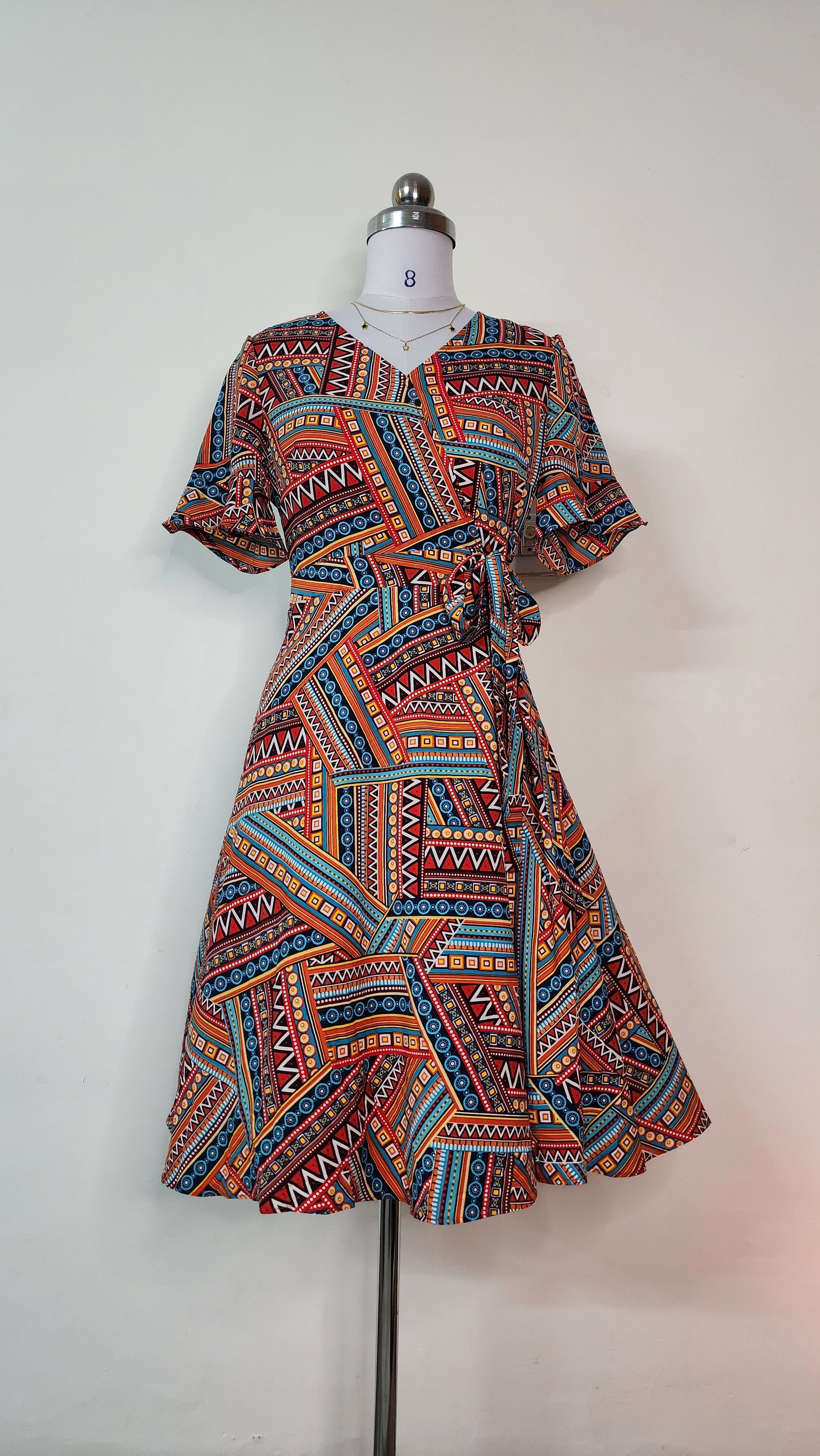 Vibrant Geometric Print Wrap Dress - Short Sleeve V-Neck Mini Dress with Tie Waist