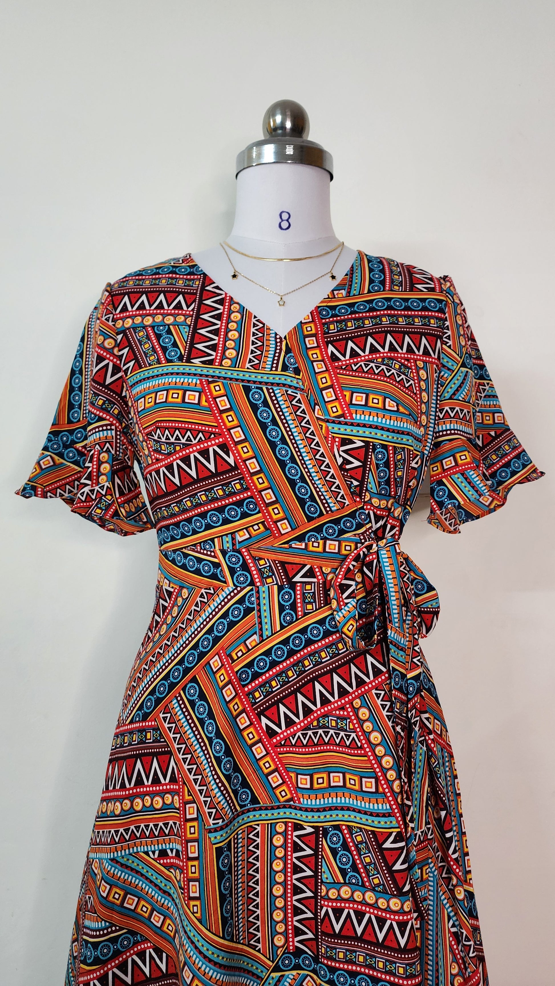 Vibrant Geometric Print Wrap Dress - Short Sleeve V-Neck Mini Dress with Tie Waist
