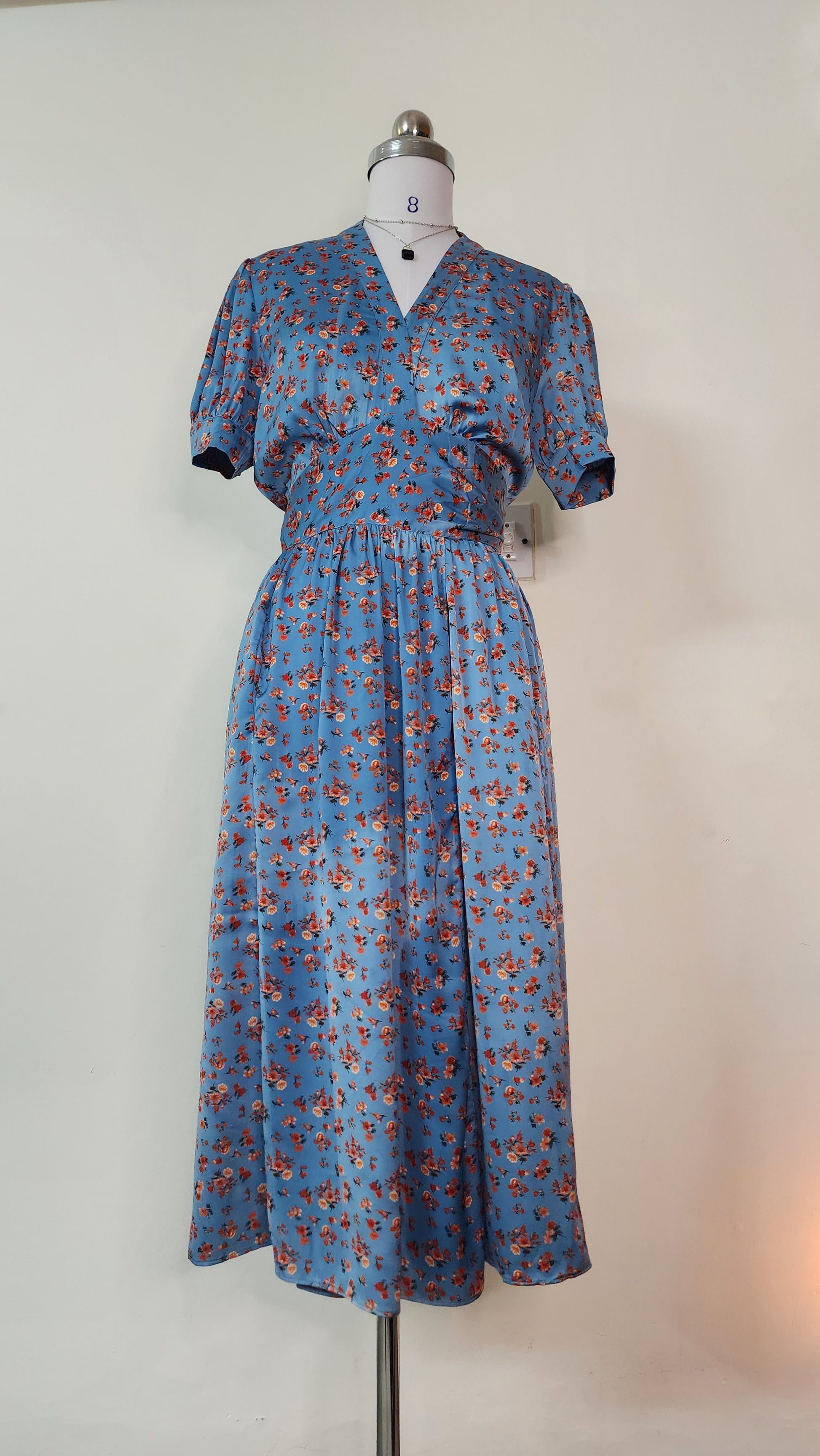 Vintage Style Blue Floral wrap around Midi Dress - Short Sleeve V-Neck with Tie Back