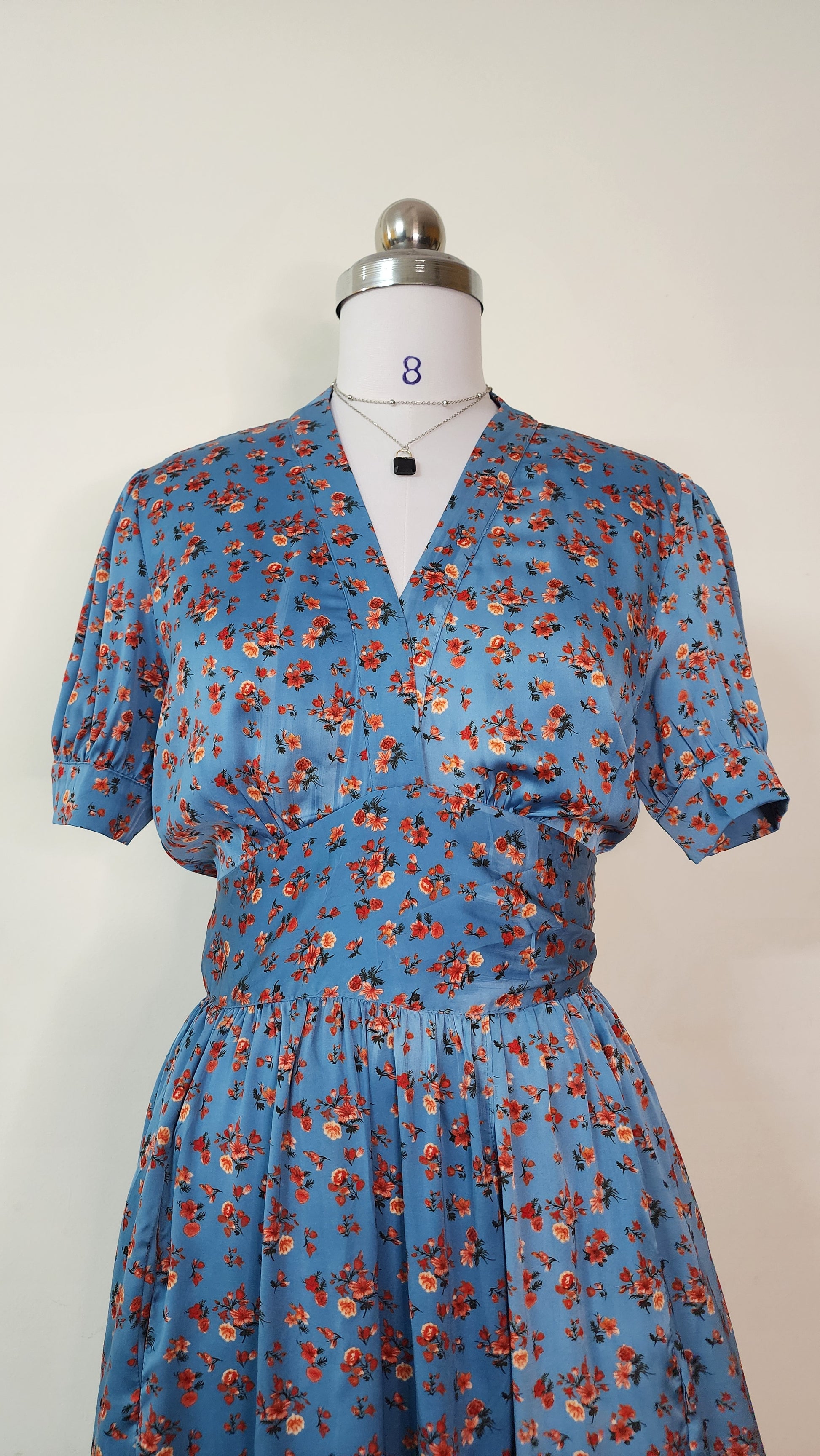 Vintage Style Blue Floral wrap around Midi Dress - Short Sleeve V-Neck with Tie Back