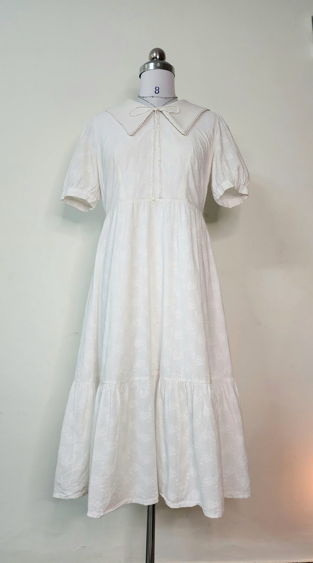 White Eyelet Midi Dress - Peter Pan Collar Puff Sleeve Dress