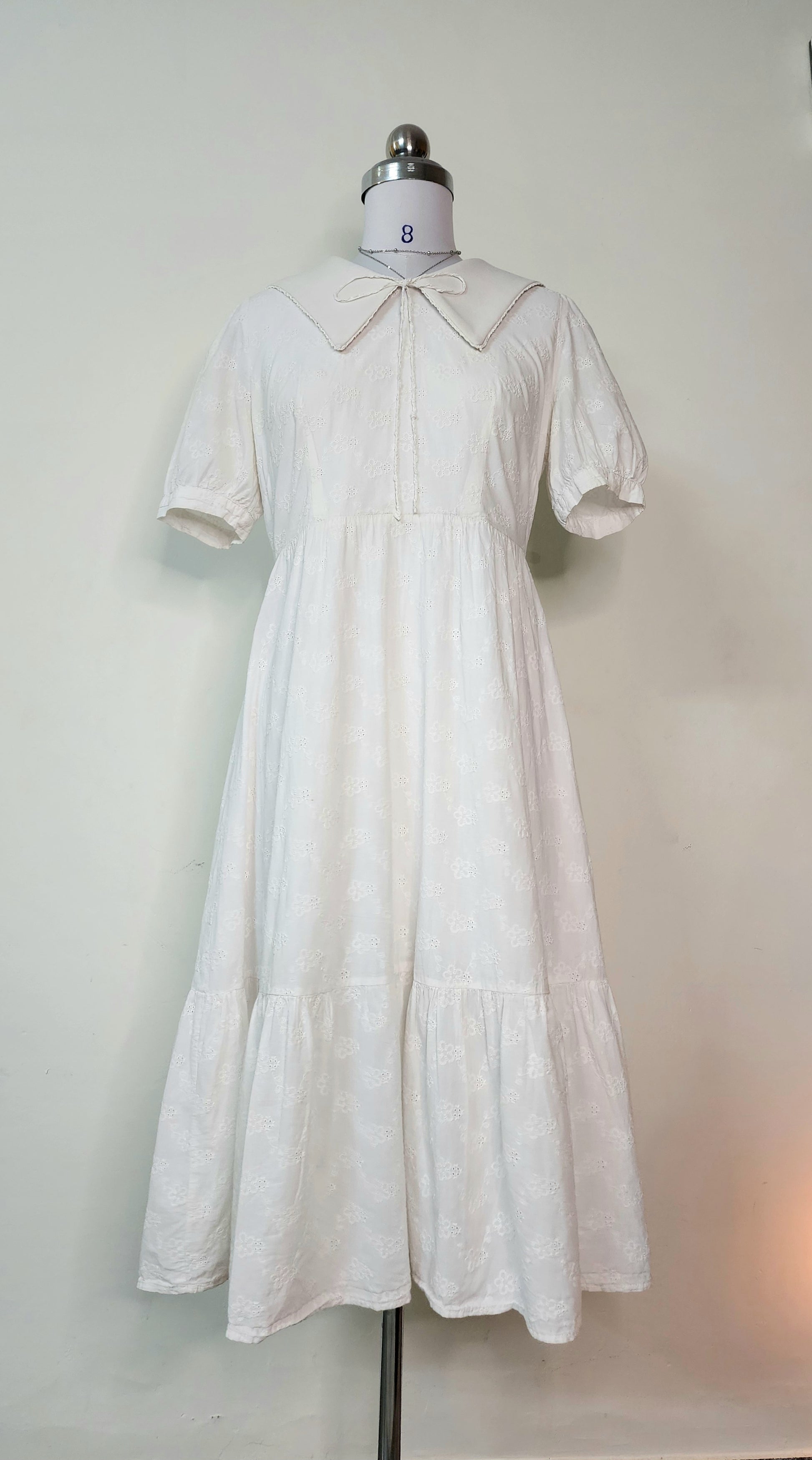 White Eyelet Midi Dress - Peter Pan Collar Puff Sleeve Dress