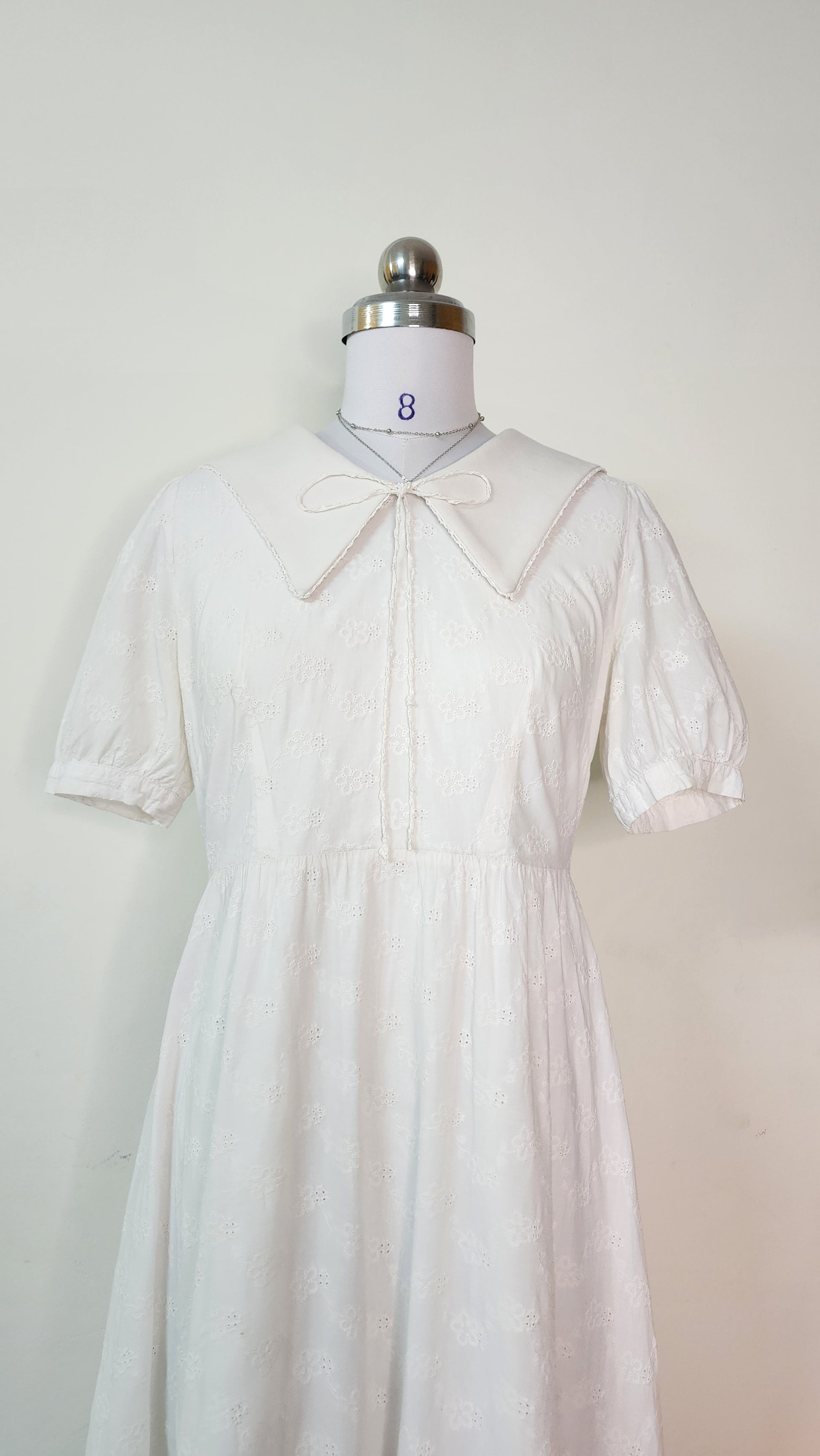 White Eyelet Midi Dress - Peter Pan Collar Puff Sleeve Dress