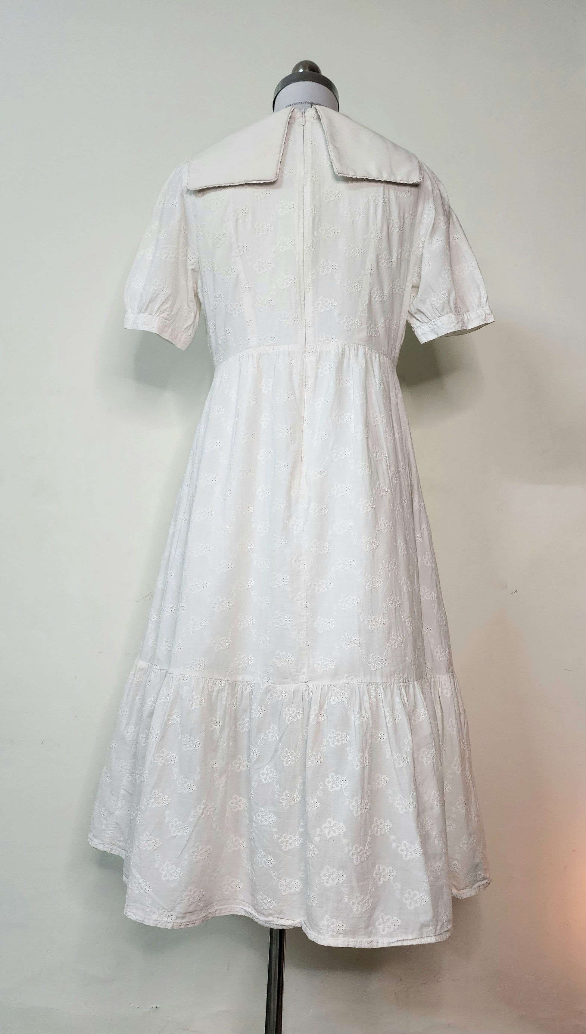 White Eyelet Midi Dress - Peter Pan Collar Puff Sleeve Dress