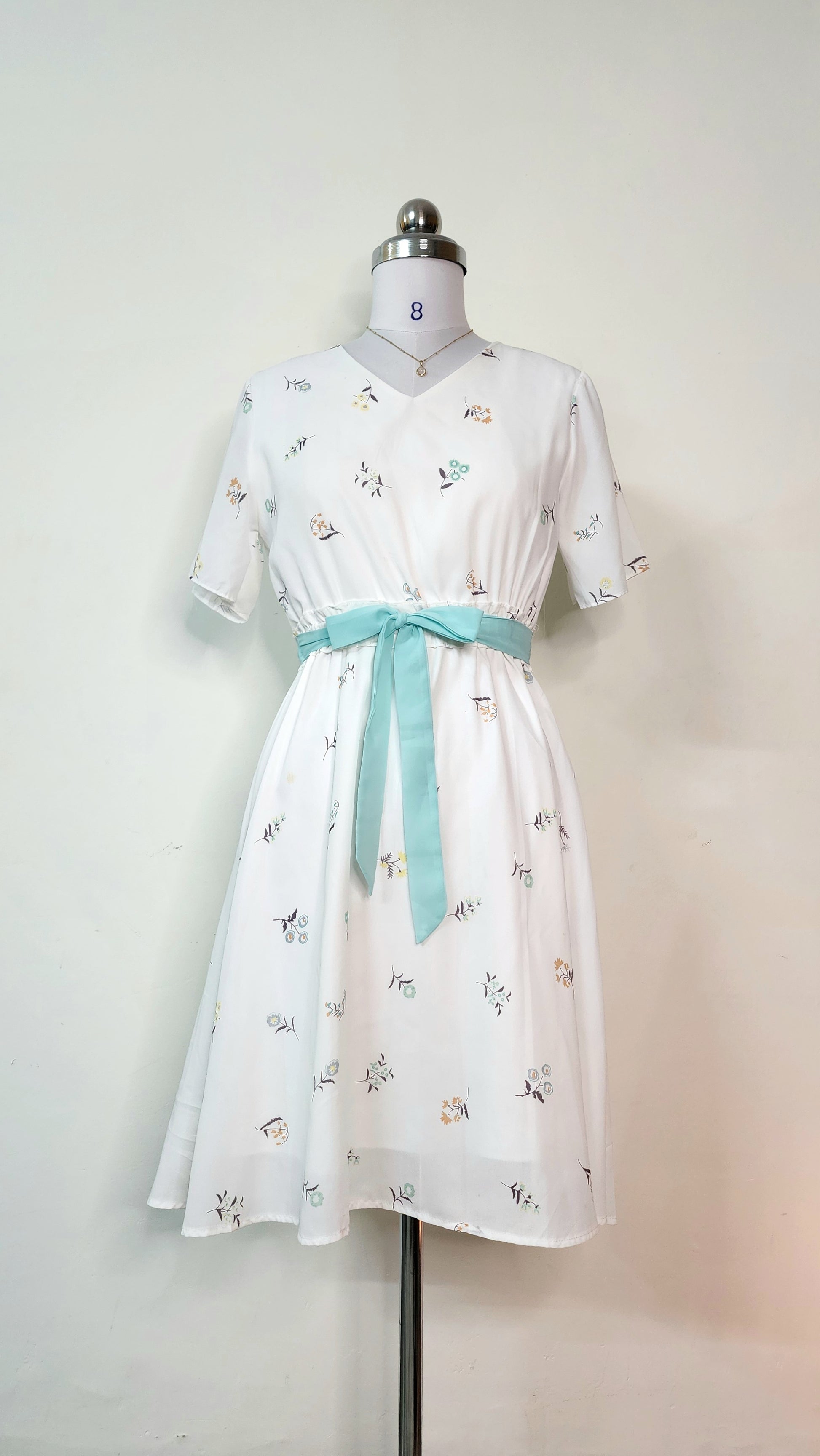 White Floral Print V-Neck Midi Dress with Blue Tie Belt